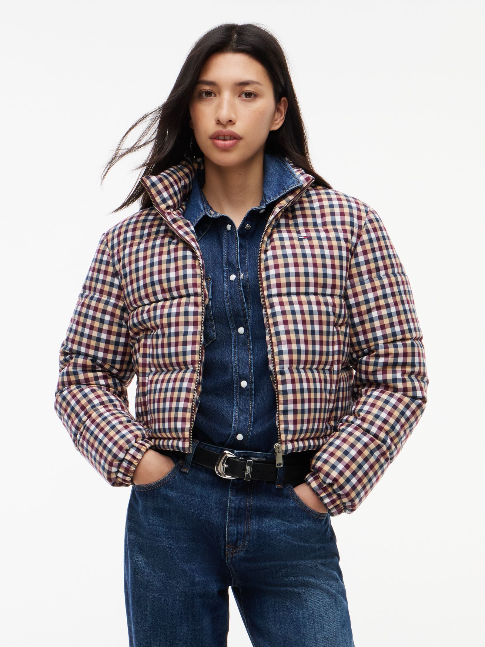 Tommy Jeans cropped relaxed pufferjack met ruit