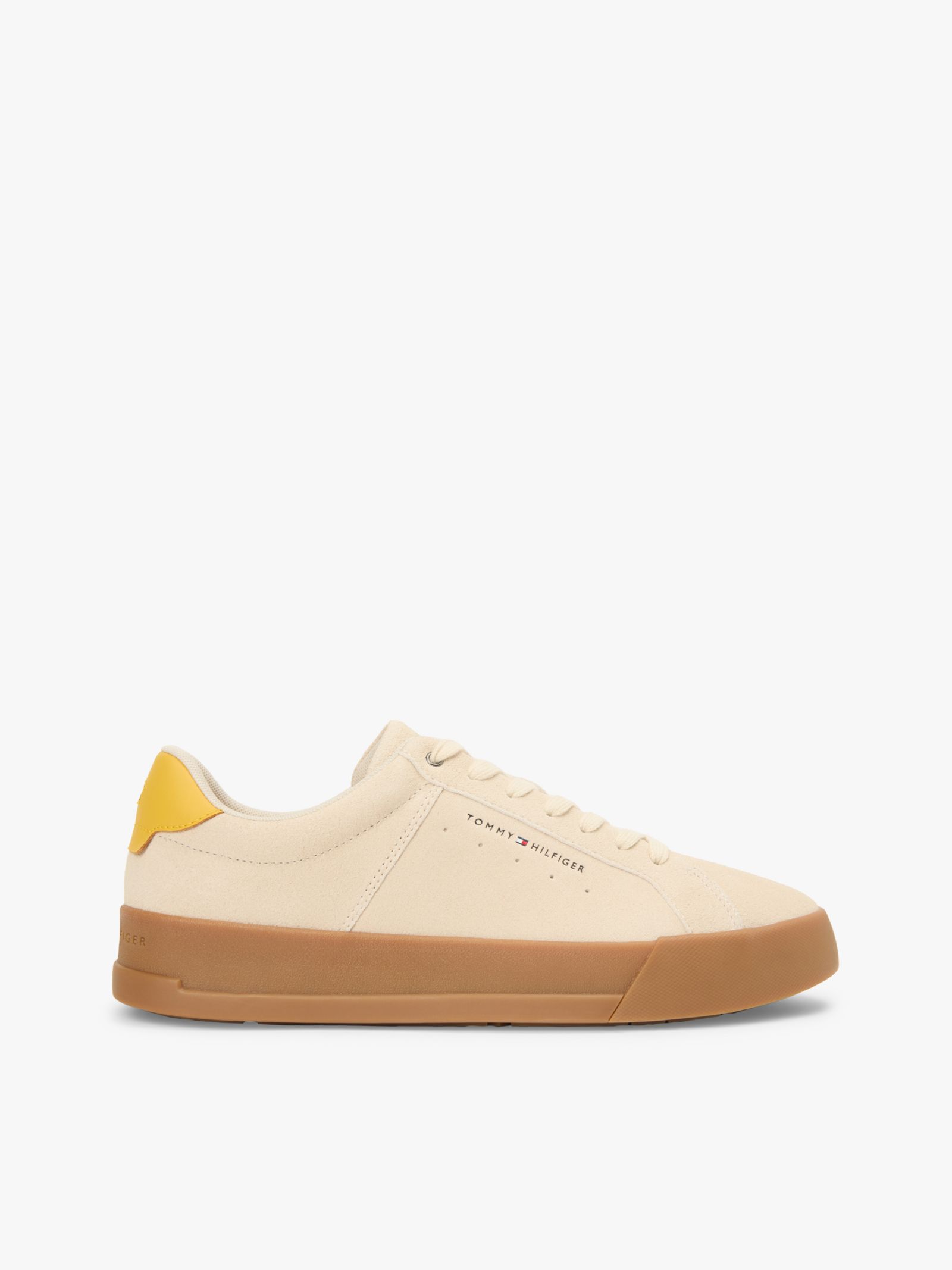 Tommy Hilfiger suède court sneaker met contrasterende hiel in beige