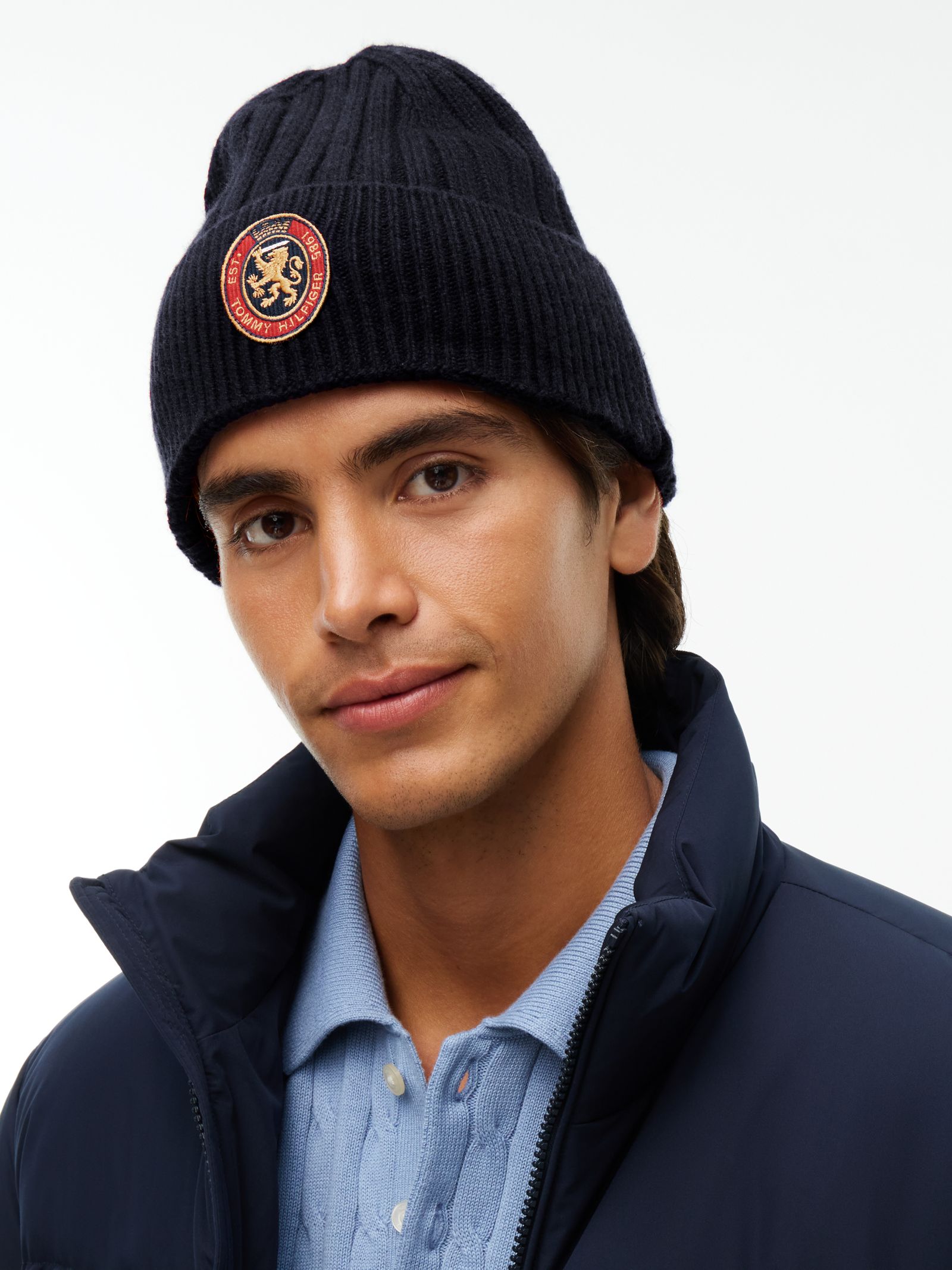 Tommy Hilfiger Ribgebreide muts van lamswolmix met embleem in marine
