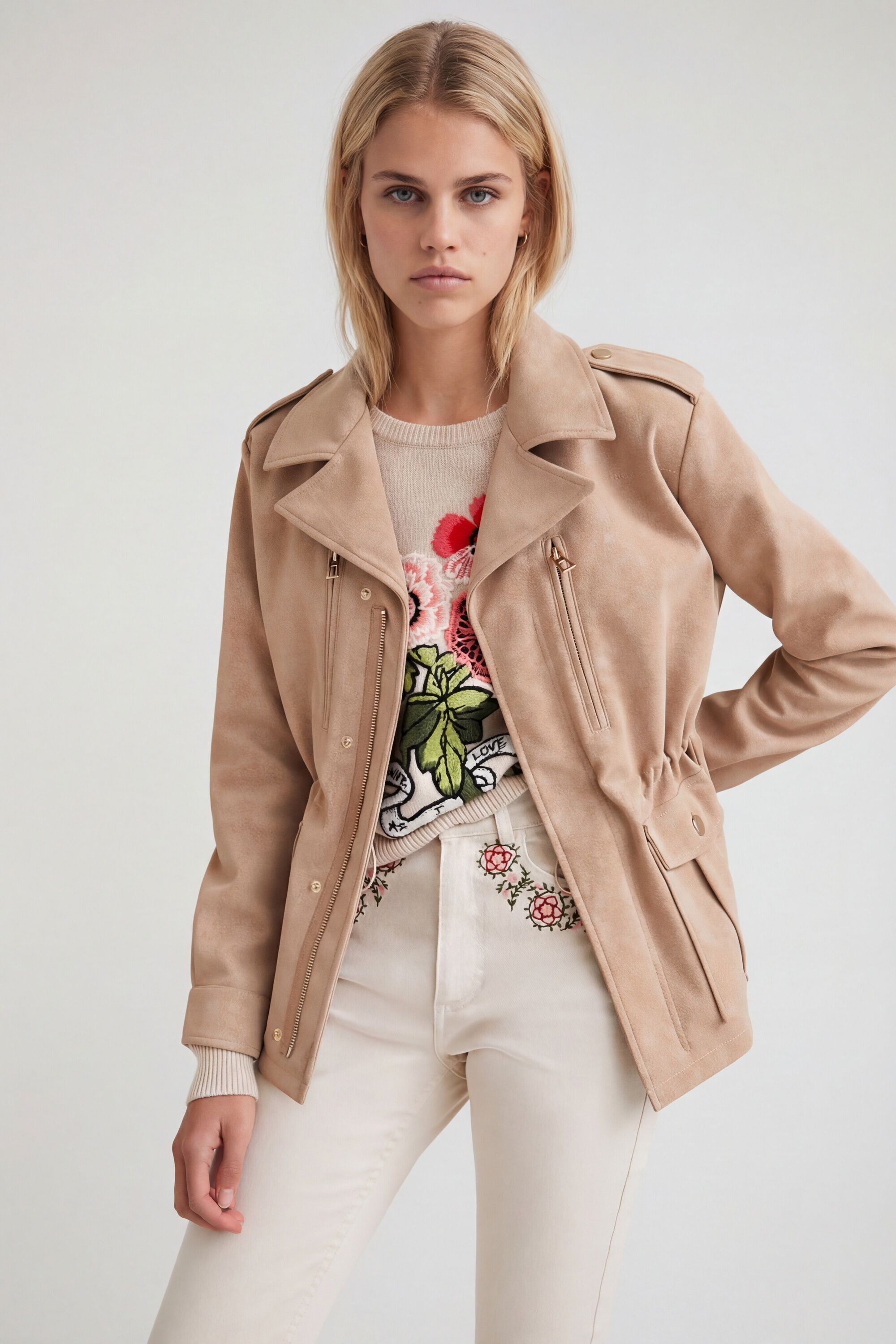 Desigual Recht jack met zakken in beige