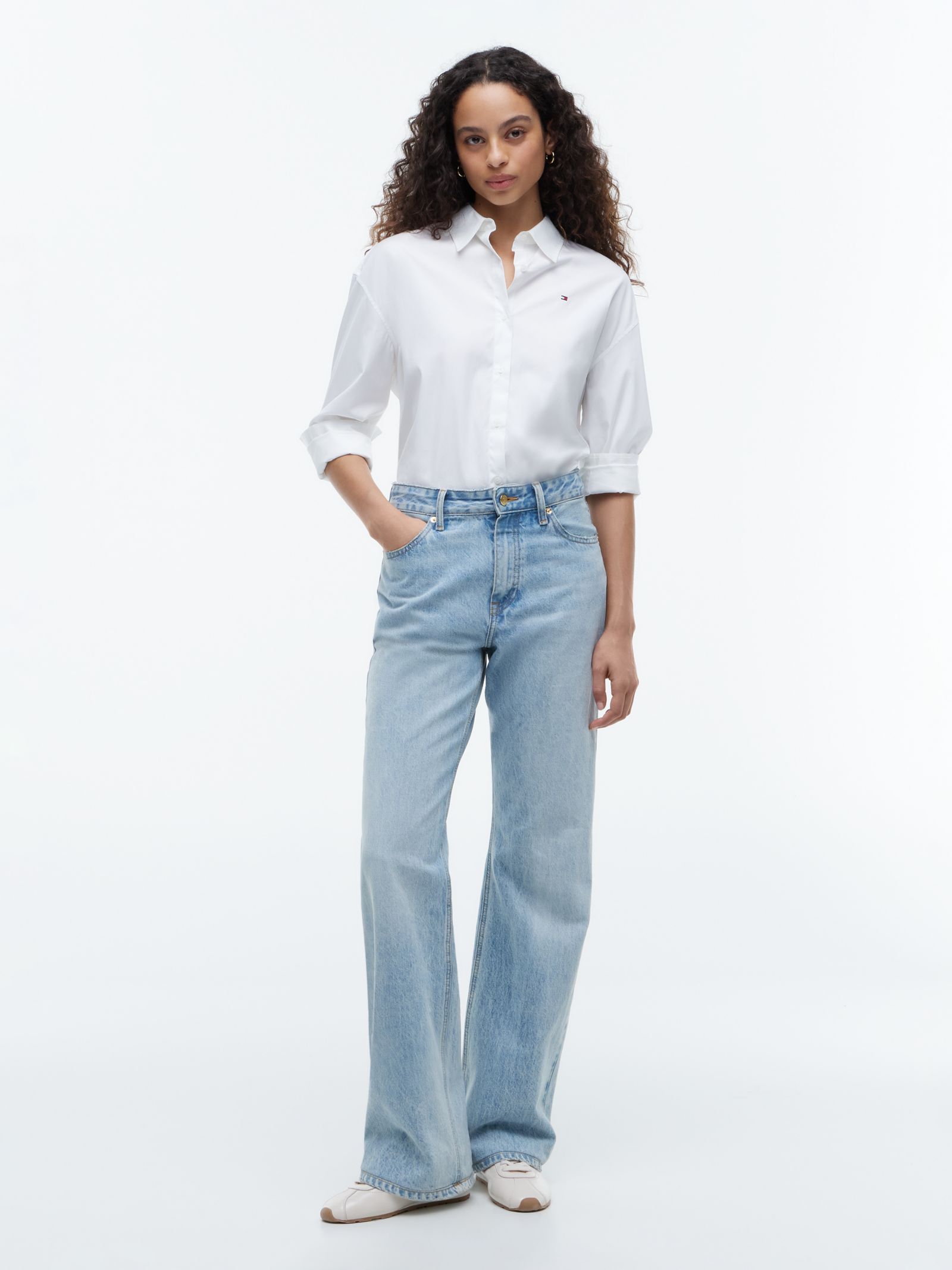 Tommy Hilfiger Medium rise loose straight jeans met goudkleurige knoop in blauw