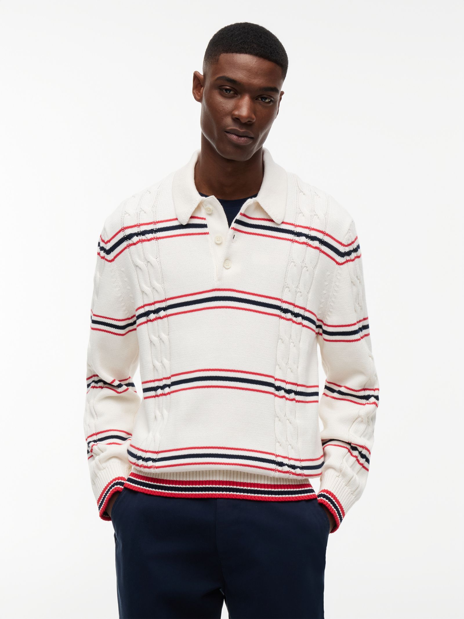 Tommy Jeans kabelgebreide gestreepte polotrui met Tommy badge