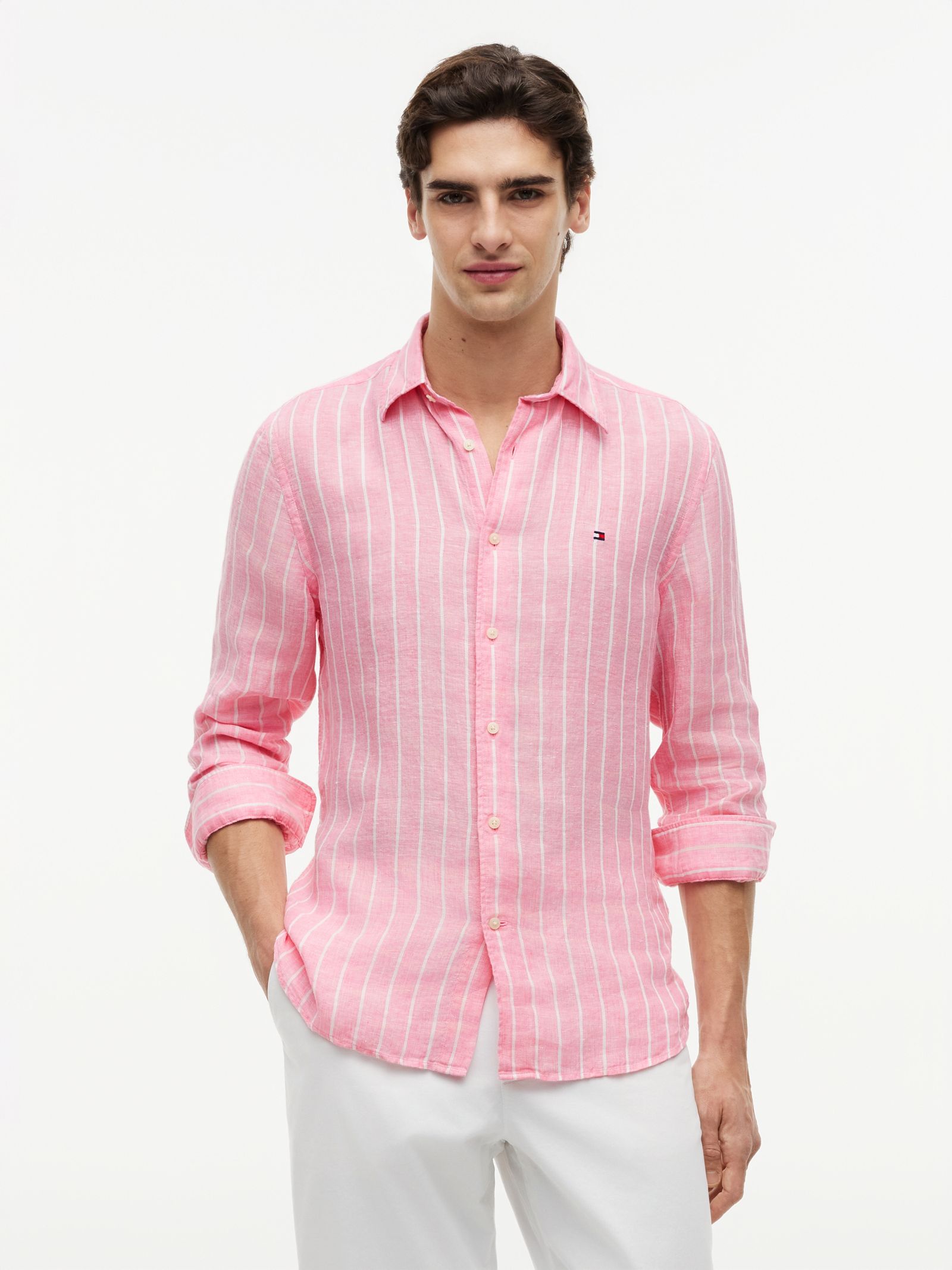 Tommy Hilfiger Regular Fit Getextureerd Linnen Overhemd Met Streep in roze