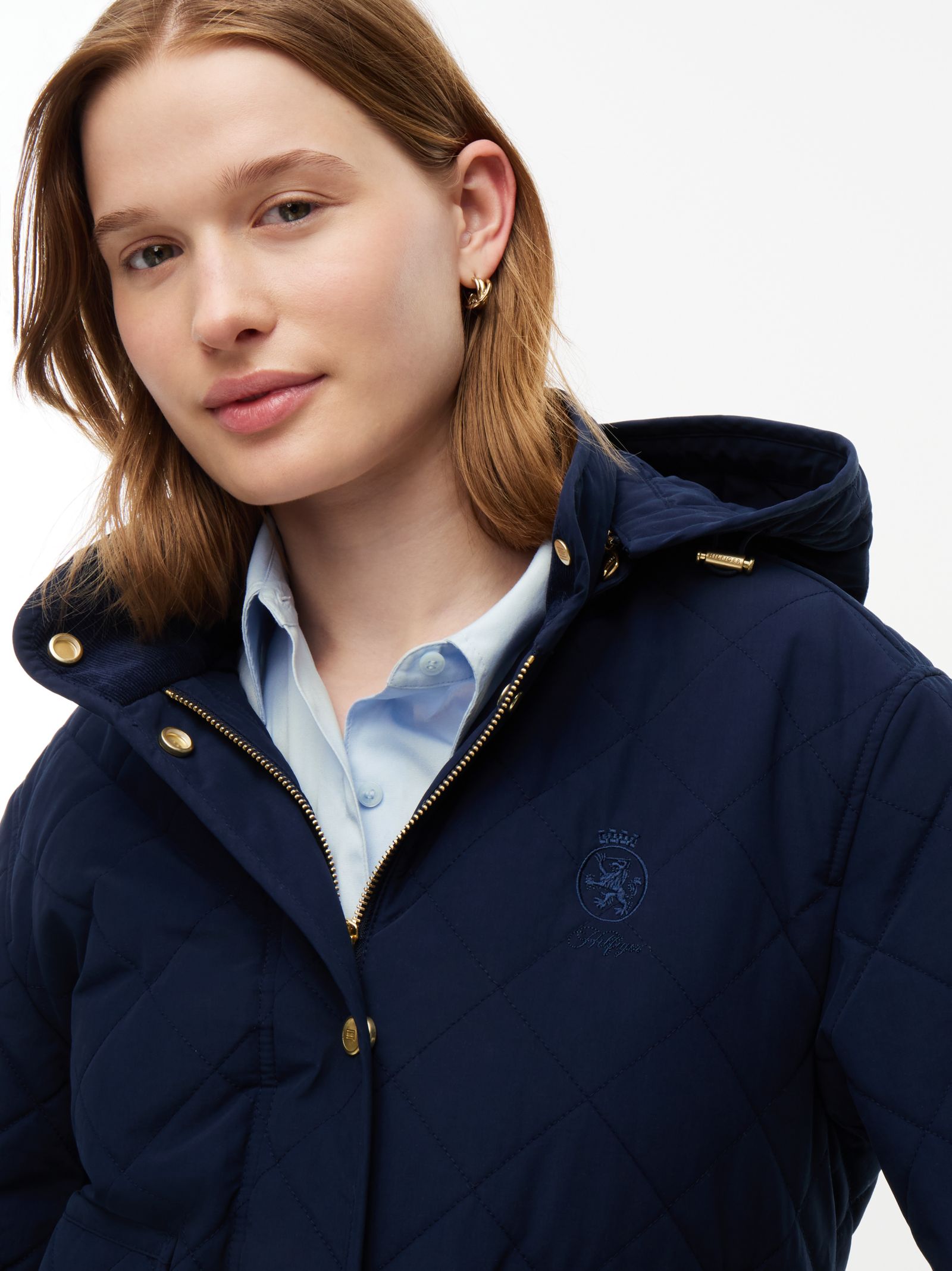 Tommy Hilfiger Vierkant doorgestikt jack met geborduurd embleem en capuchon in marine
