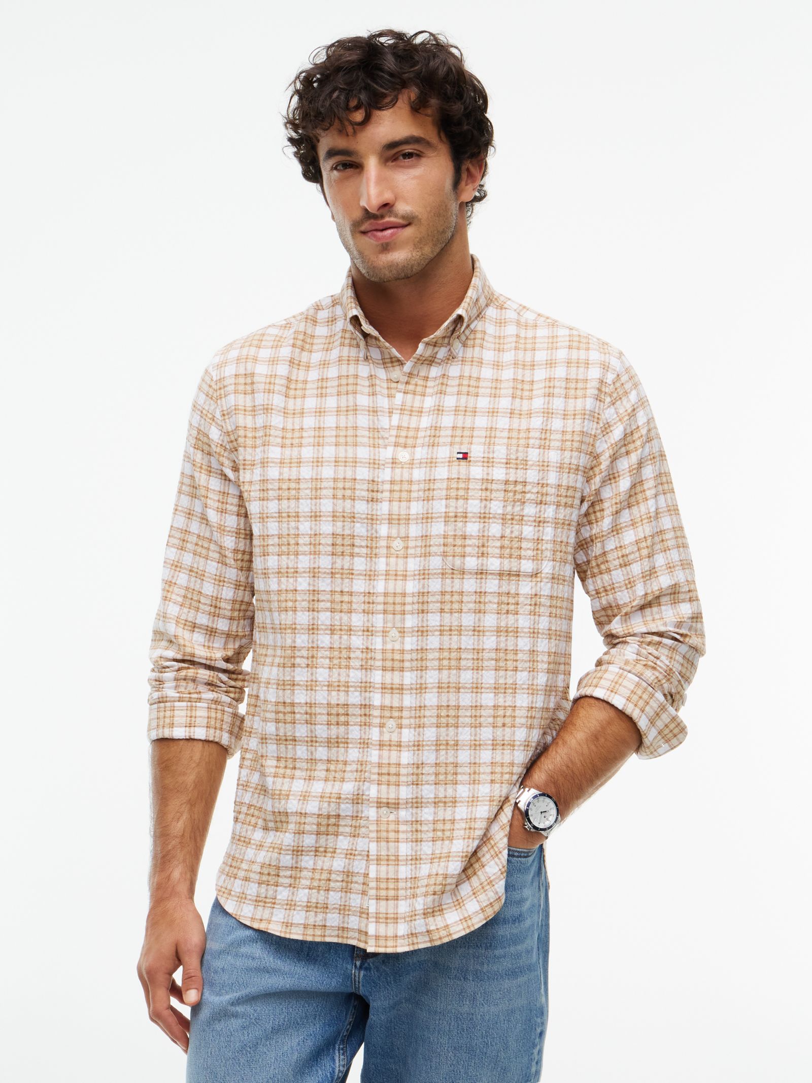 Tommy Hilfiger Relaxed Fit geruit overhemd met zachte textuur in beige
