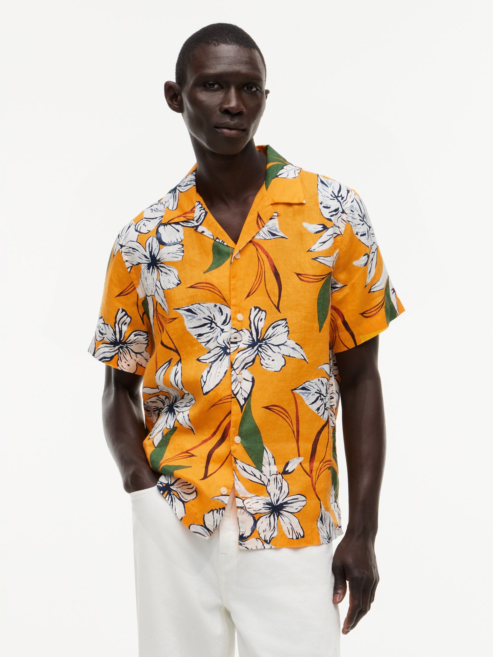 Tommy Hilfiger Regular linnen overhemd met korte mouwen en tropische print in oranje