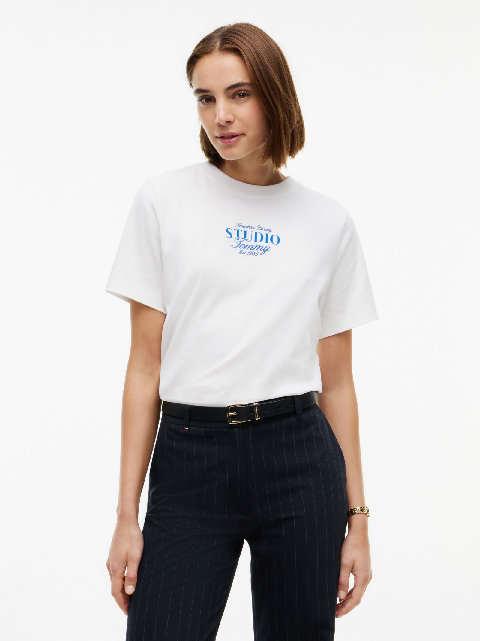 Tommy Hilfiger Interlock gebreid T-shirt met logo en ronde hals in wit