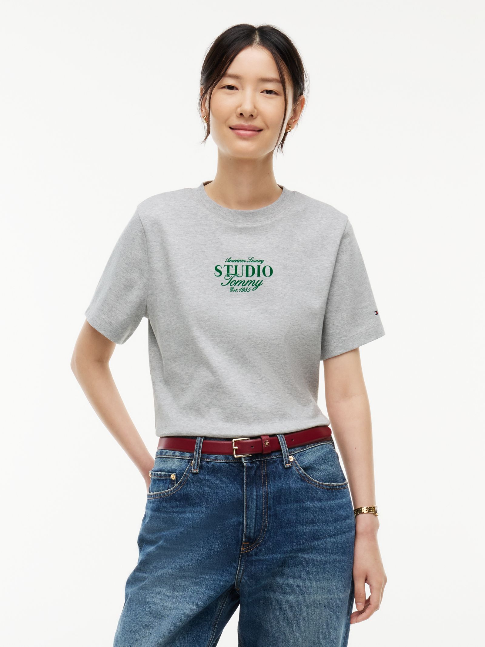 Tommy Hilfiger Interlock gebreid T-shirt met logo en ronde hals in grijs