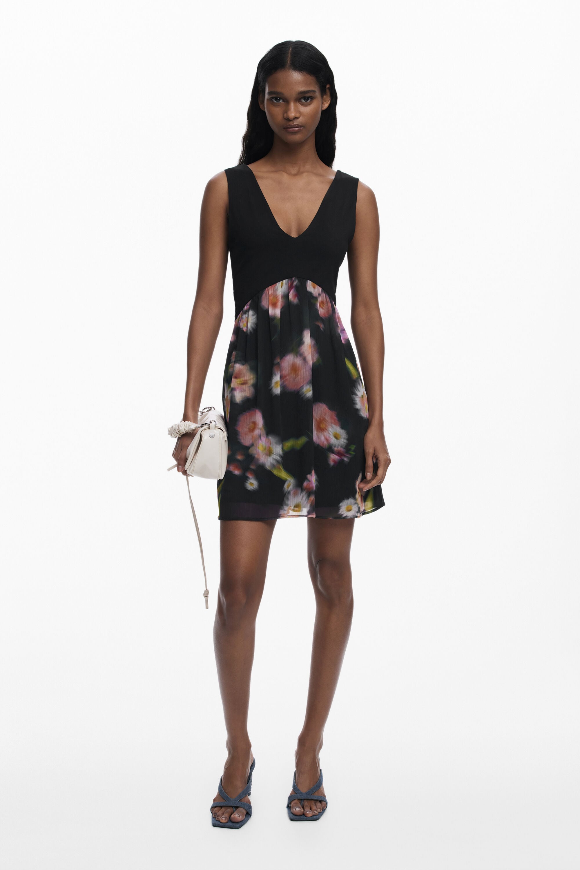 Desigual Korte jurk met bloemen in twee materialen