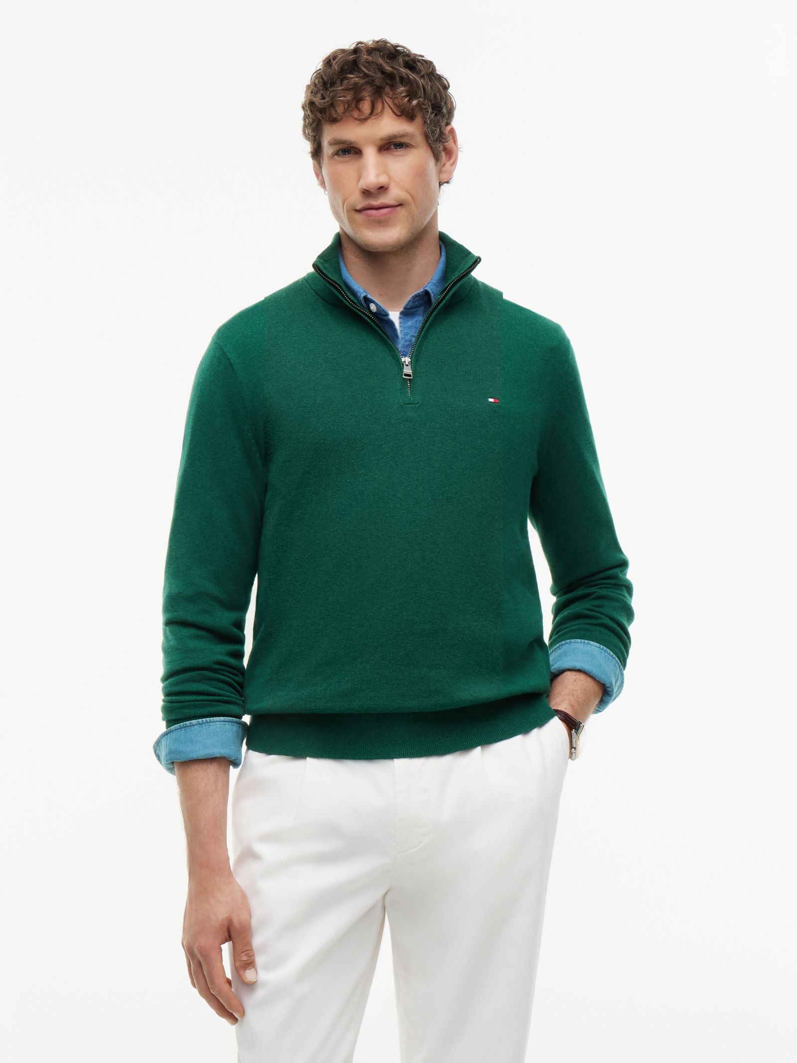 Tommy Hilfiger Trui met opstaande hals quarter zip en kasjmier in groen