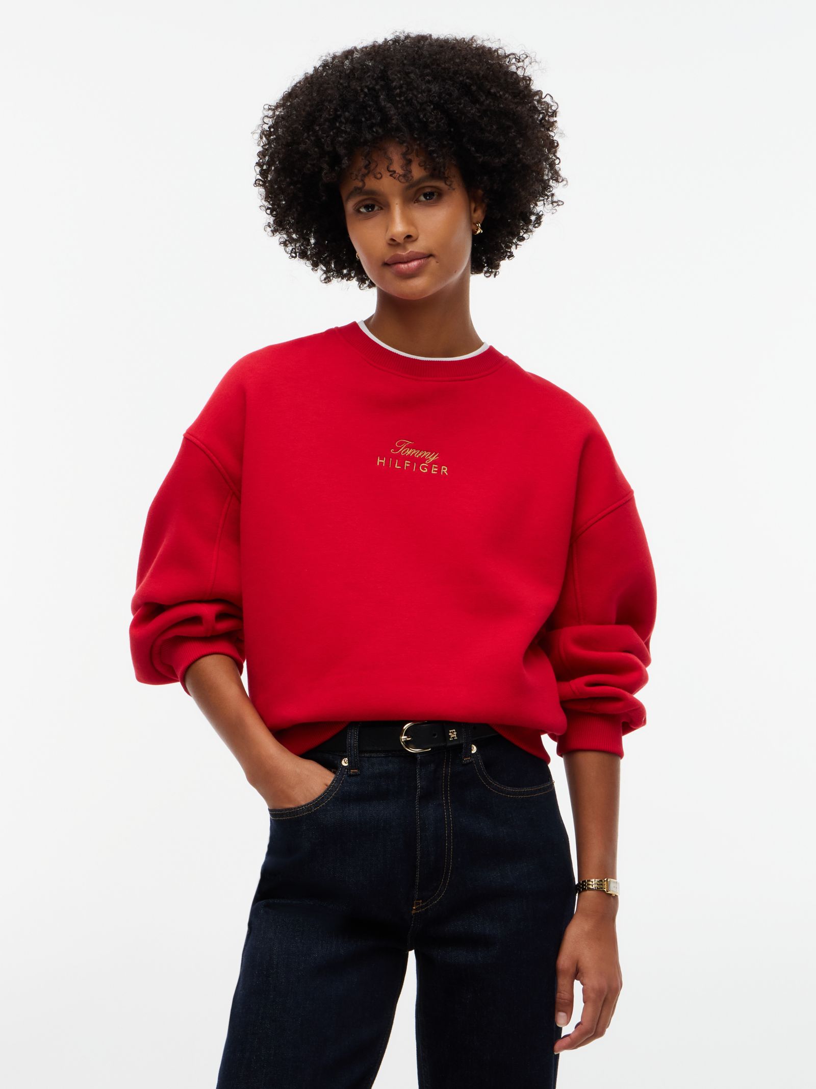 Tommy Hilfiger Relaxed fit trui met ronde hals en geborduurd logo in rood