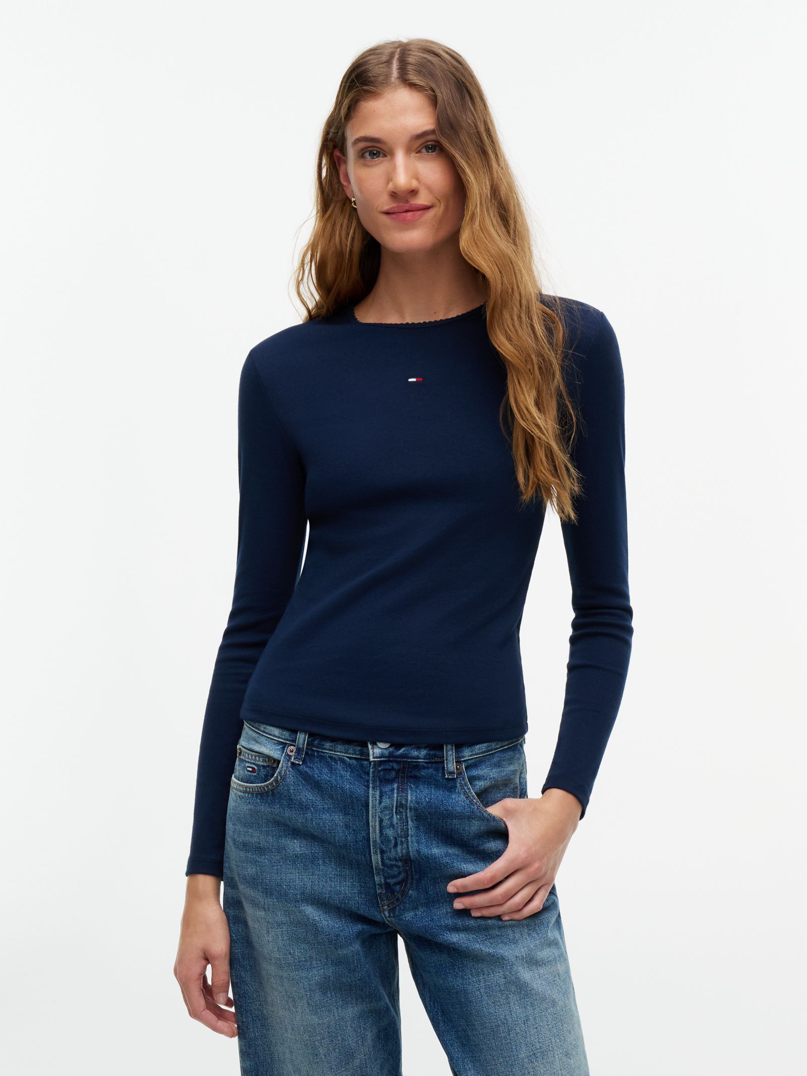 Tommy Jeans slim fit longsleeve T-shirt met picot rand in marine