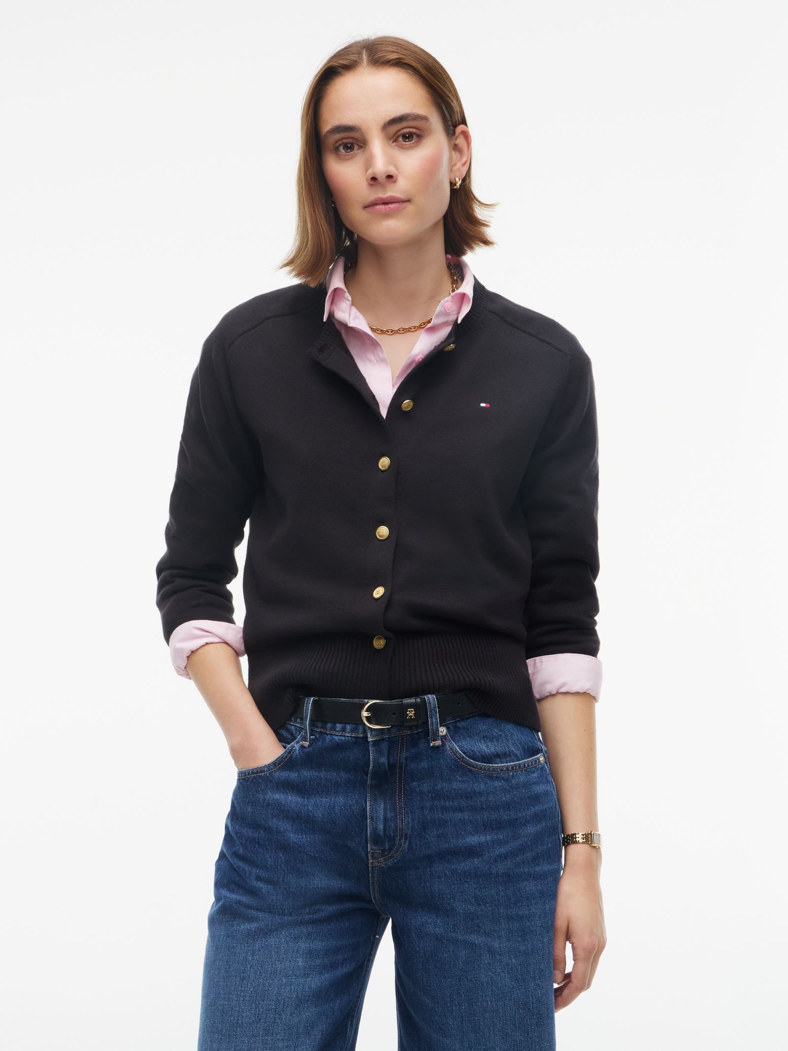 Tommy Hilfiger slim fit jersey vest met goudkleurige knopen in zwart