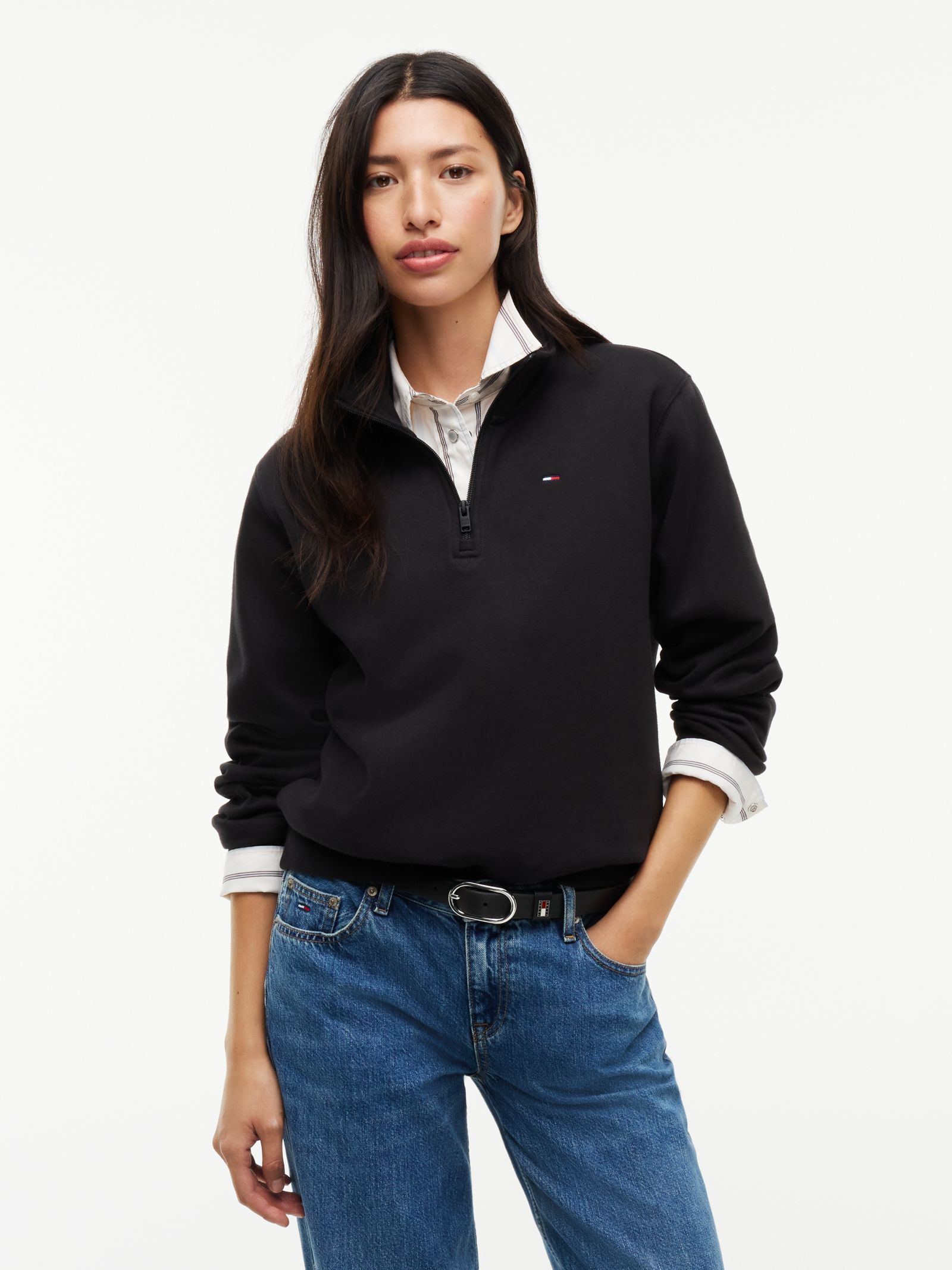 Tommy Jeans Sweatshirt met quarter zip en geborduurde vlag in zwart