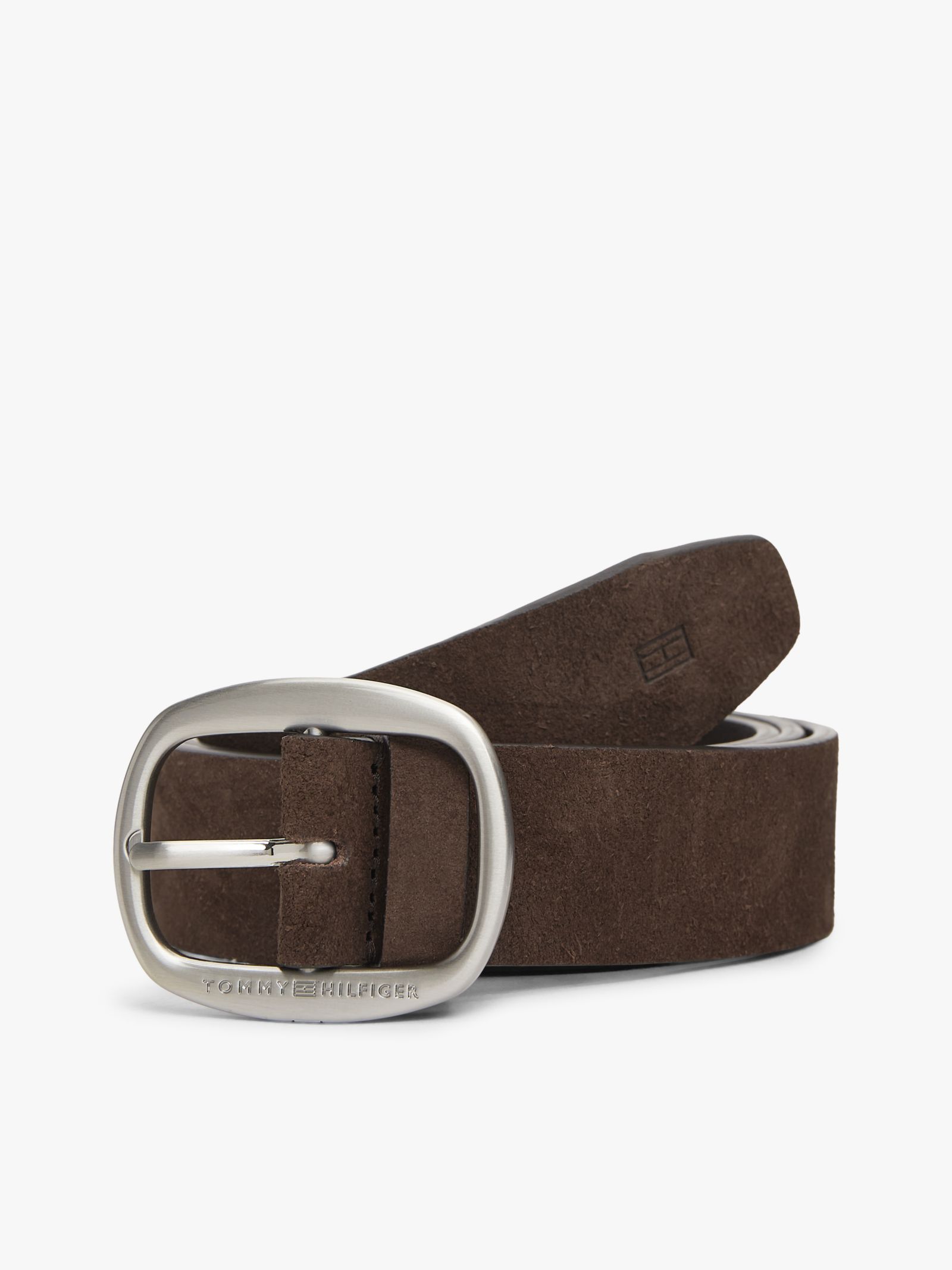 Tommy Hilfiger Suède riem met ovale gesp en logo in reliëf in bruin