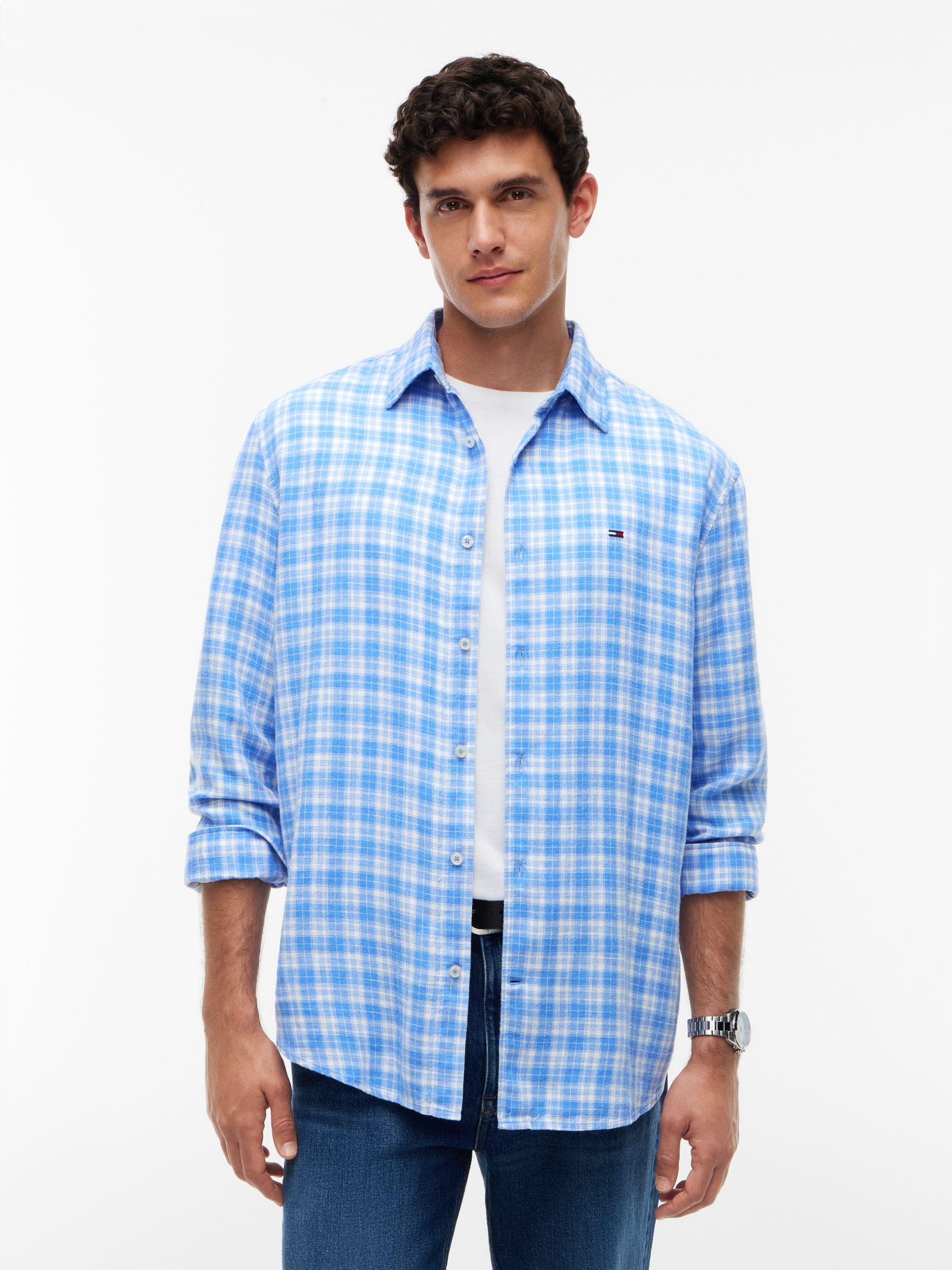 Tommy Jeans Relaxed Fit geruit Overhemd van linnenmix in blauw