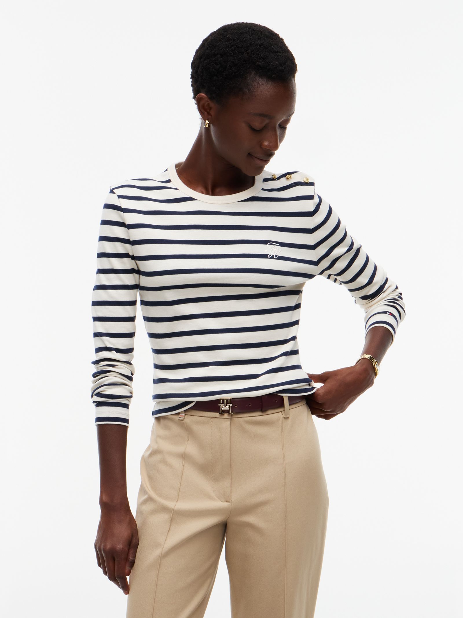 Tommy Hilfiger Slim Fit Longsleeve met goudkleurige knopen in wit