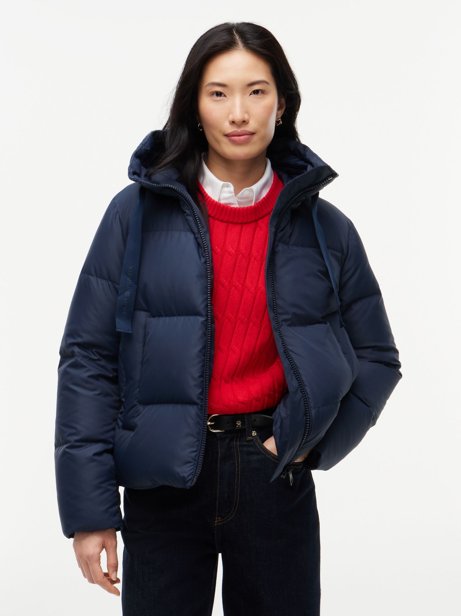 Tommy Hilfiger Donsjack met capuchon en trekkoord in marine