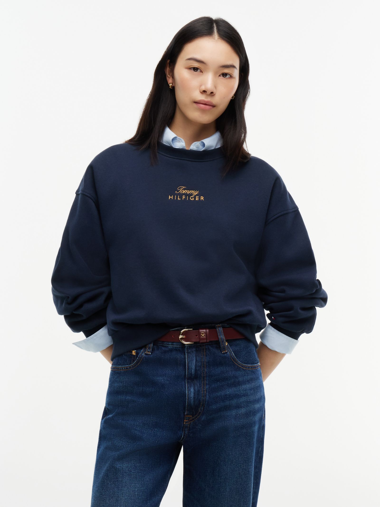 Tommy Hilfiger Relaxed fit trui met ronde hals en geborduurd logo in marine