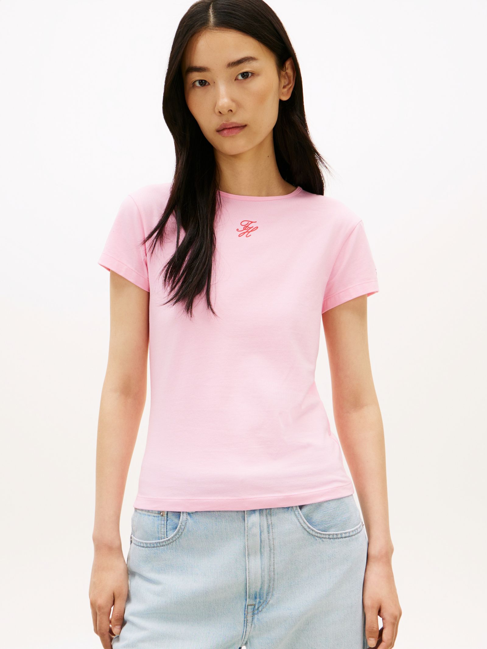 Tommy Hilfiger slim fit jersey t-shirt met getextureerd logo in roze