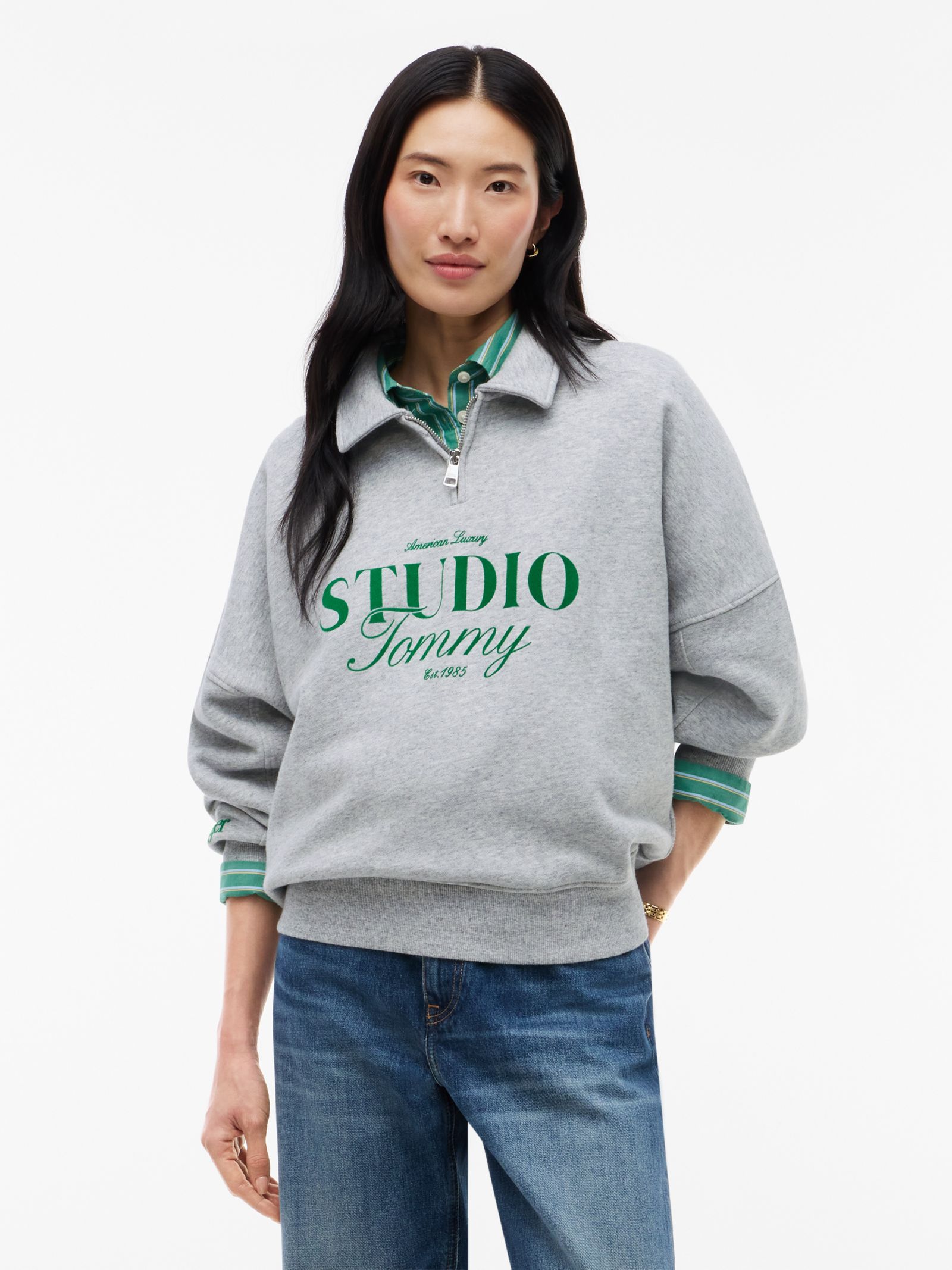 Tommy Hilfiger Relaxed Sweatshirt met Quarter Zip en Polokraag in grijs