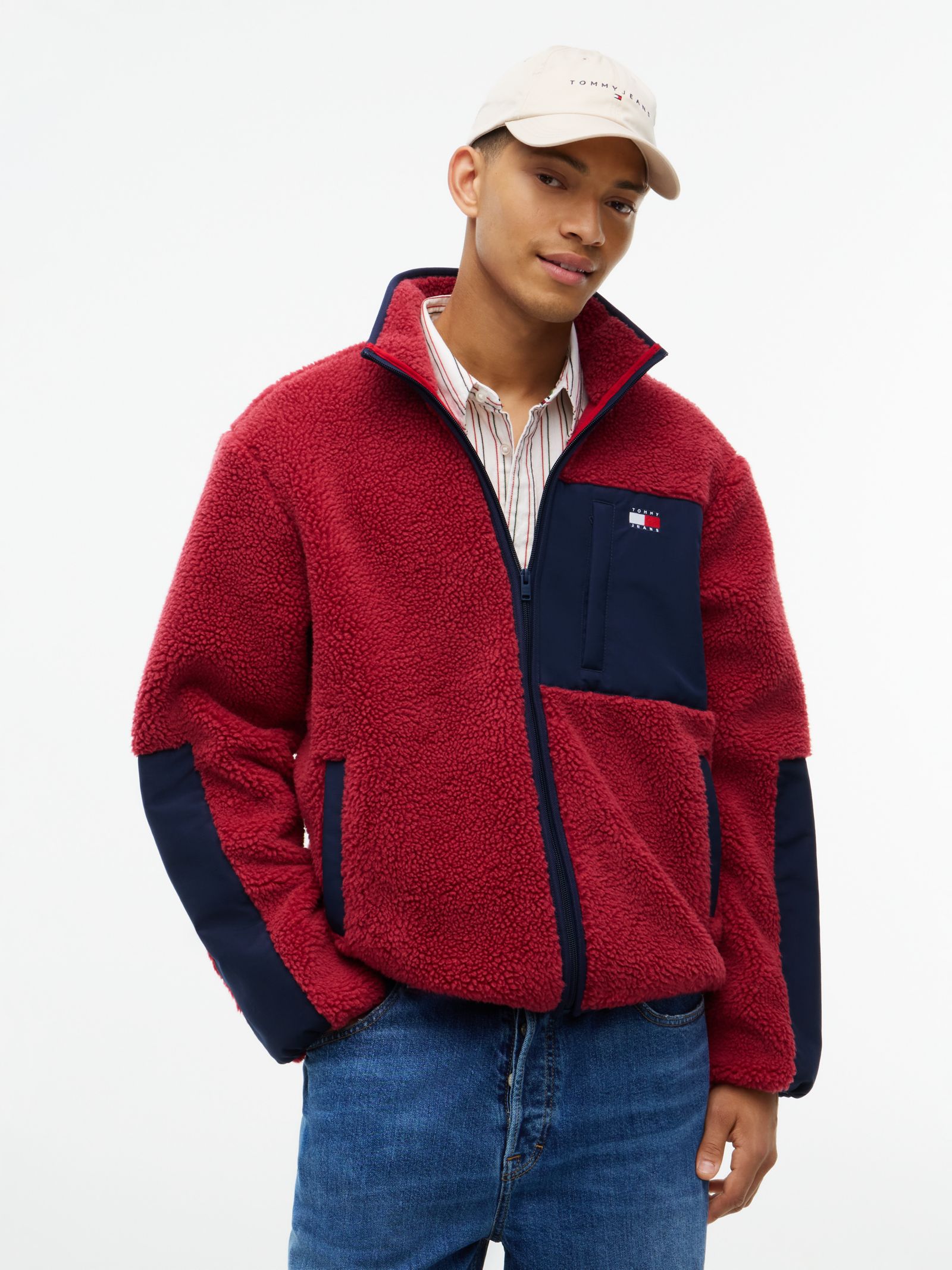 Tommy Jeans teddy fleece jack met gemengde texturen in rood
