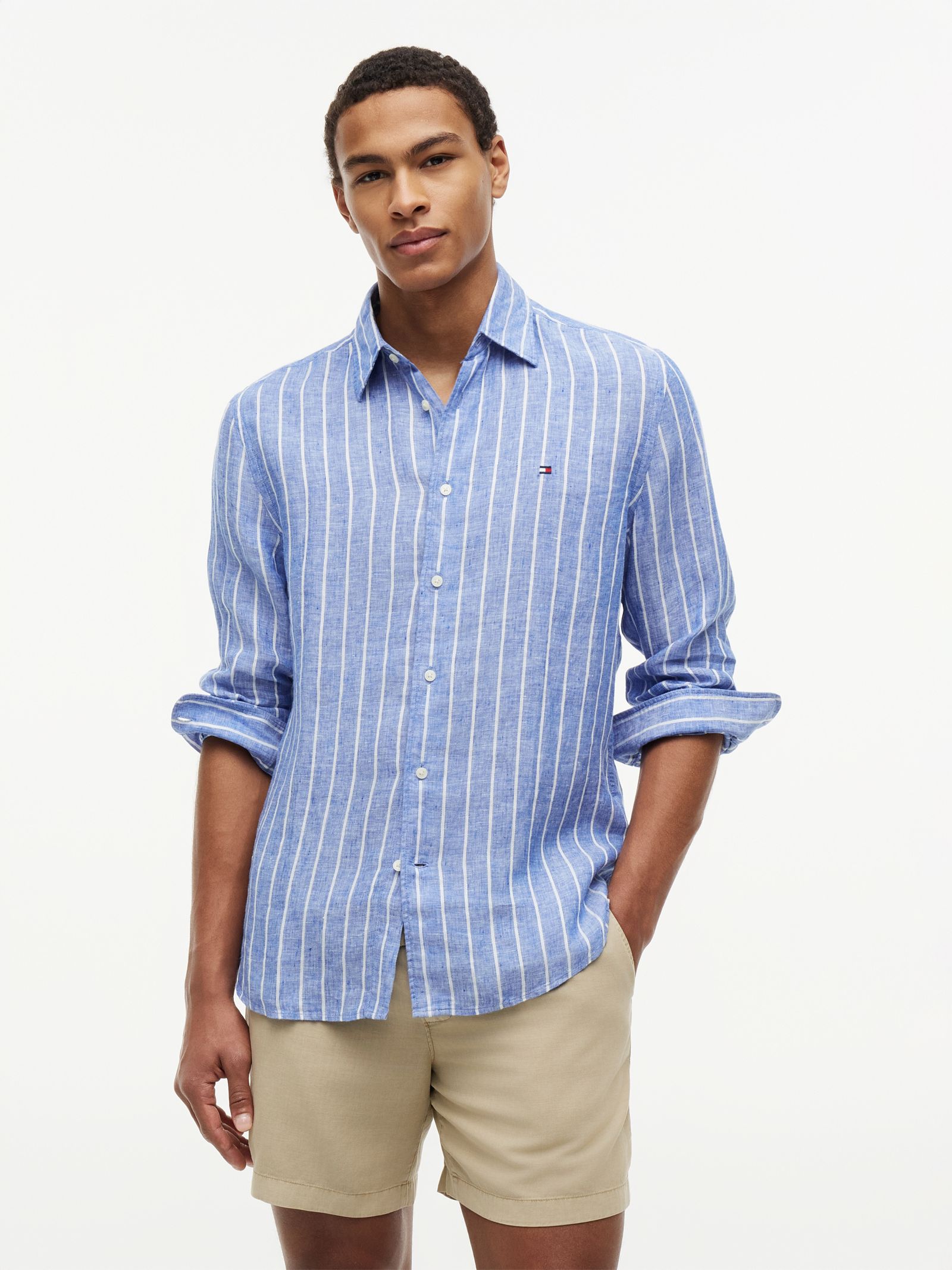 Tommy Hilfiger Regular fit getextureerd linnen overhemd met streep in blauw