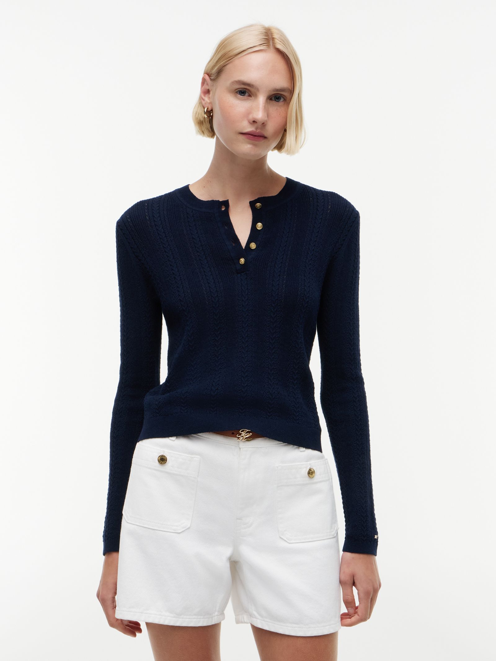 Tommy Hilfiger Ajourgebreide henley trui met goudkleurige knopen