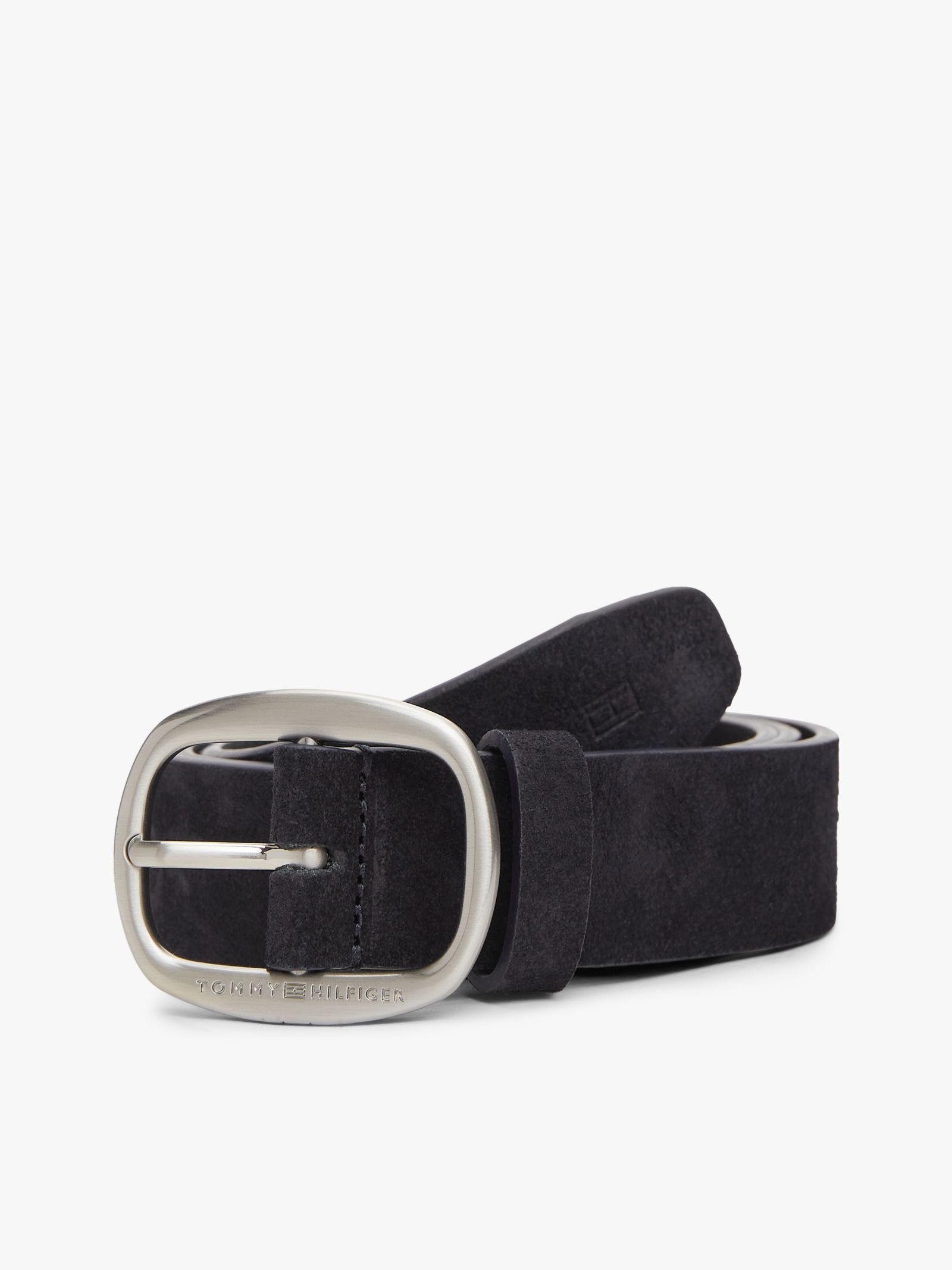 Tommy Hilfiger Suède riem met ovale gesp en logo in reliëf in zwart