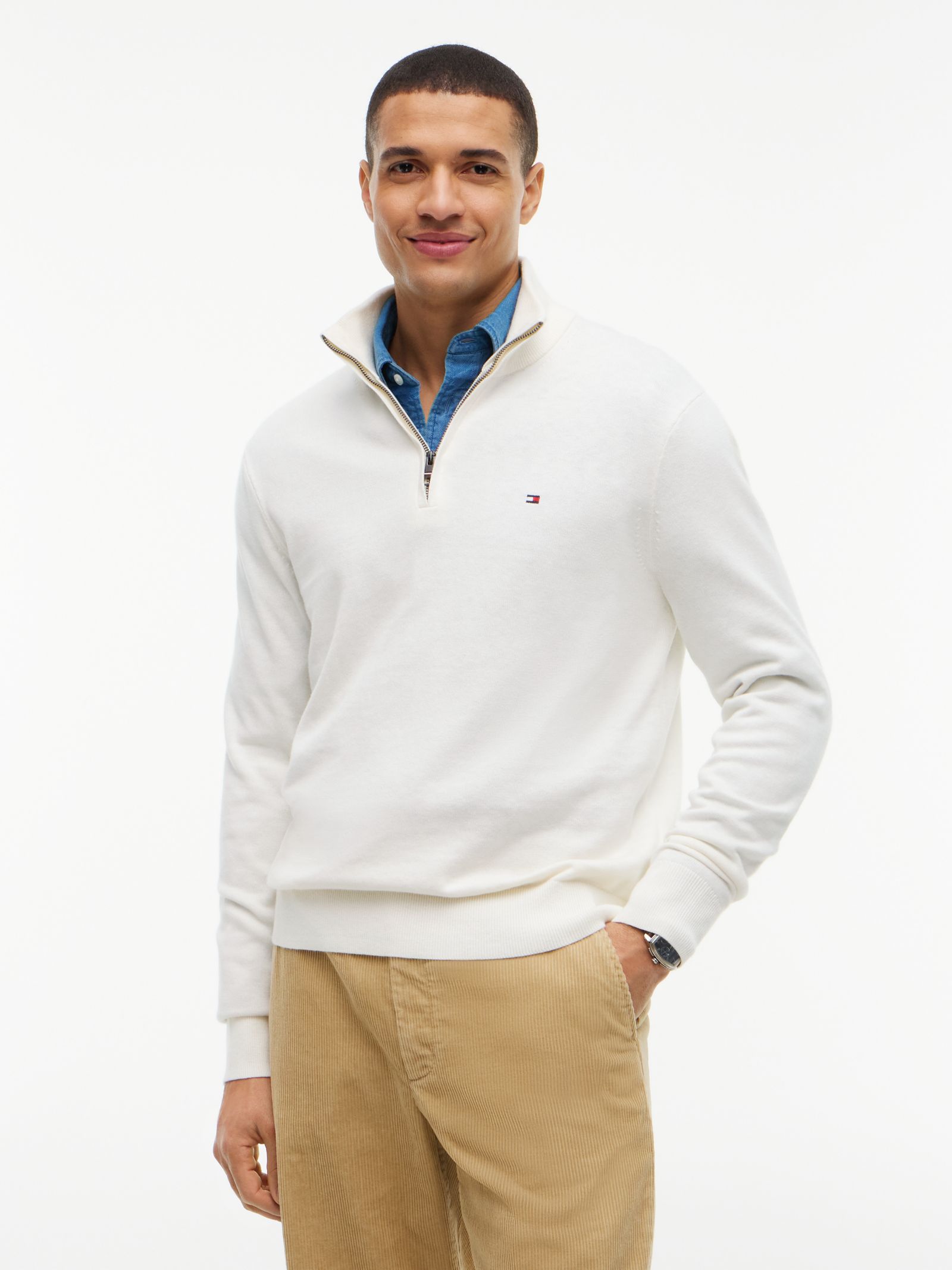 Tommy Hilfiger Trui met opstaande hals quarter zip en kasjmier in wit
