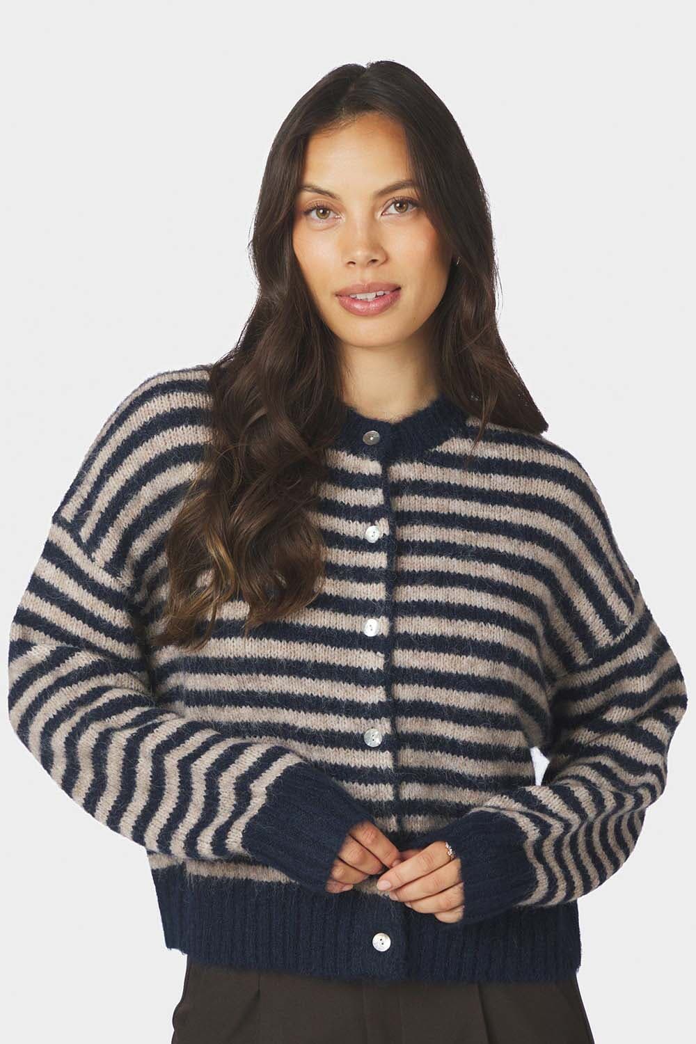 Neo Noir Isana Stripe Fluffy Knit Cardigan Navy dames