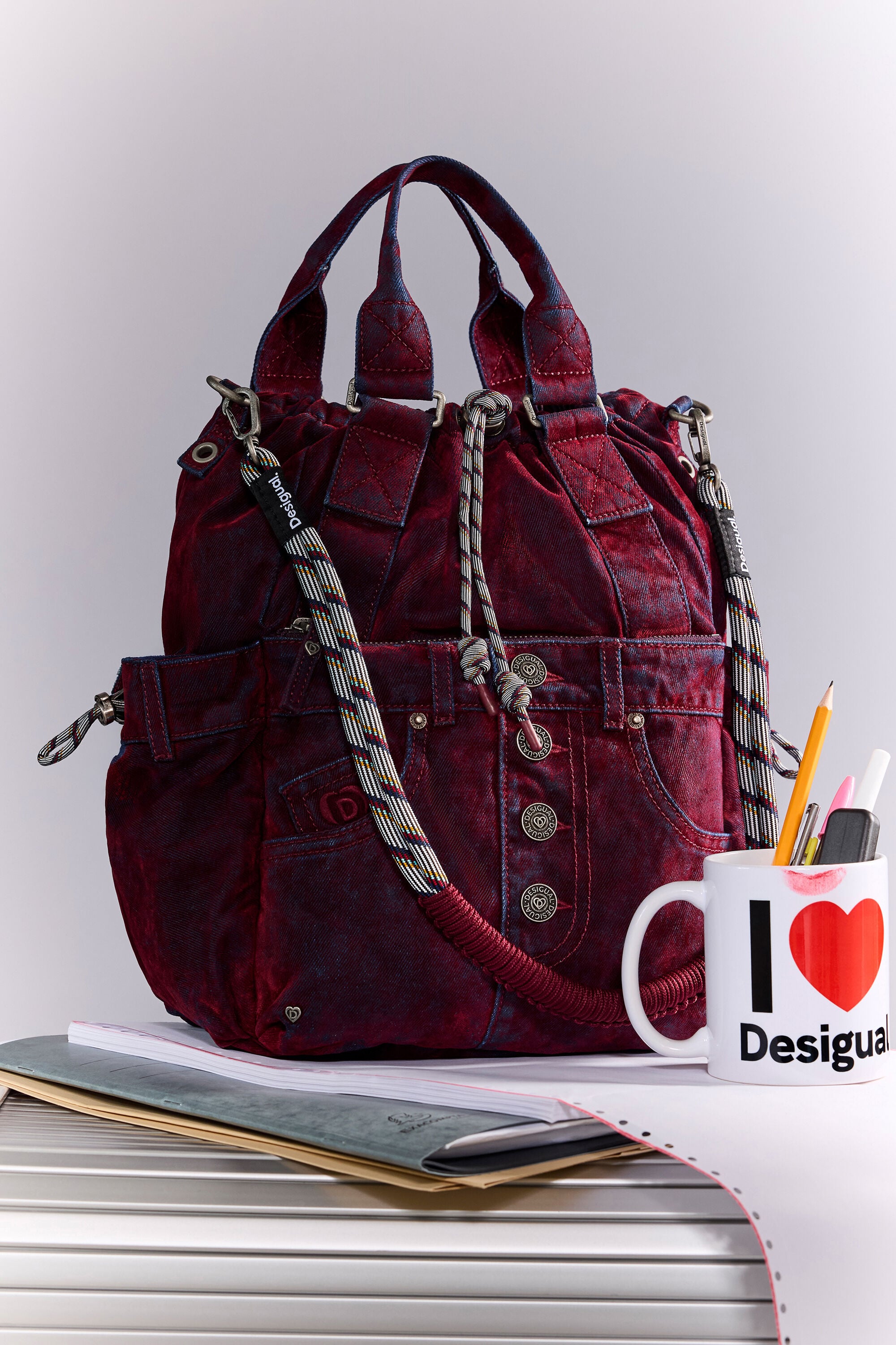 Desigual medium multiposition rugzak van denim en fluweel