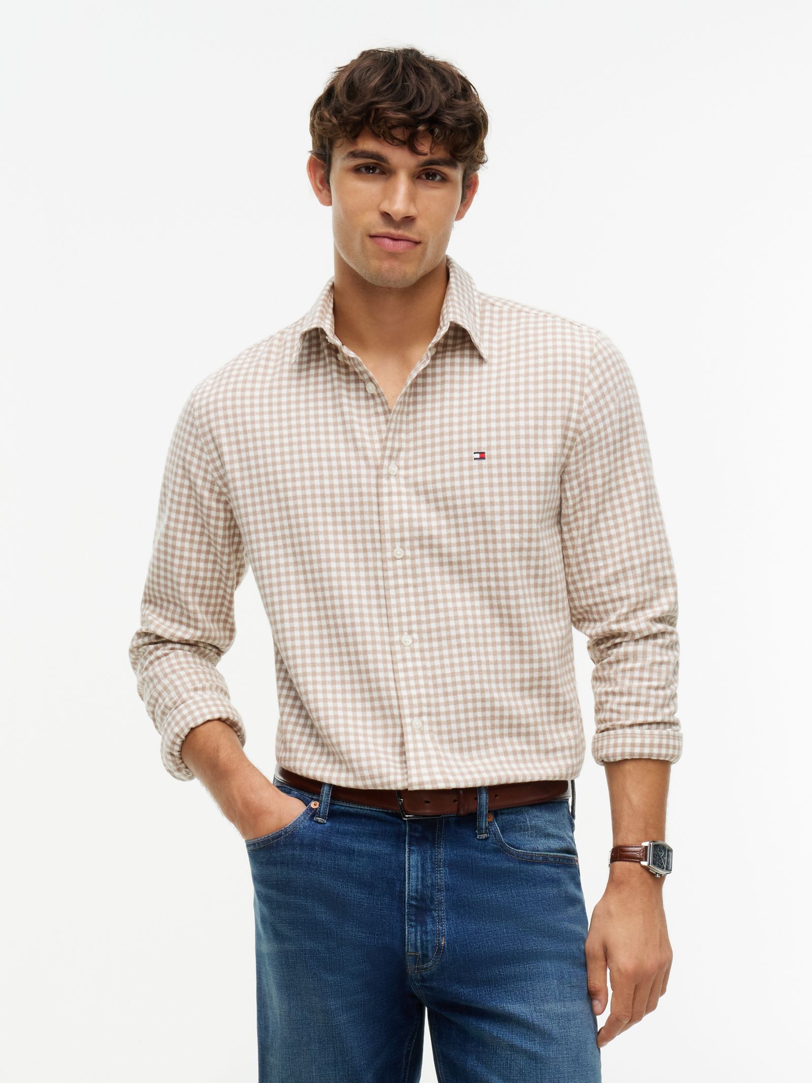 Tommy Hilfiger Regular fit overhemd van dobby flanel met ginghamruit in beige
