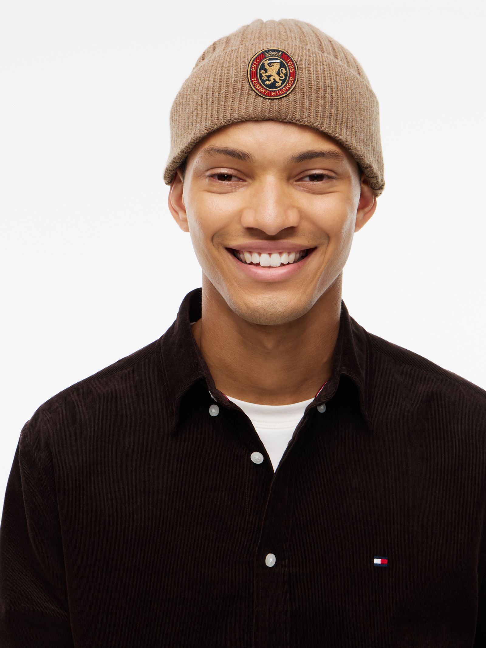 Tommy Hilfiger Ribgebreide muts van lamswolmix met embleem in beige