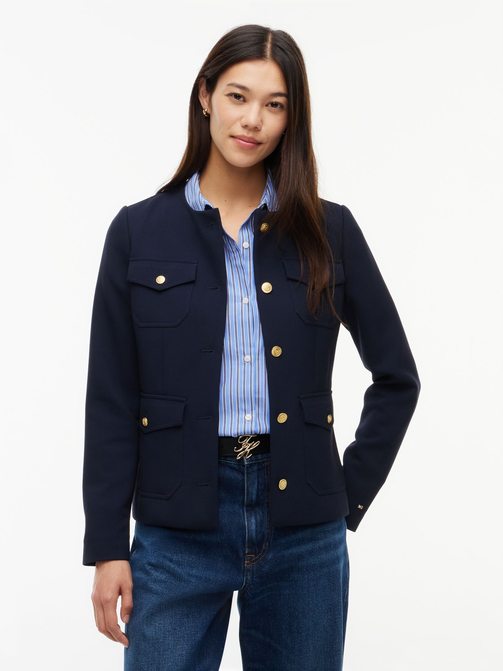 Tommy Hilfiger Kraagloos slim fit jasje met goudkleurige knopen in marine