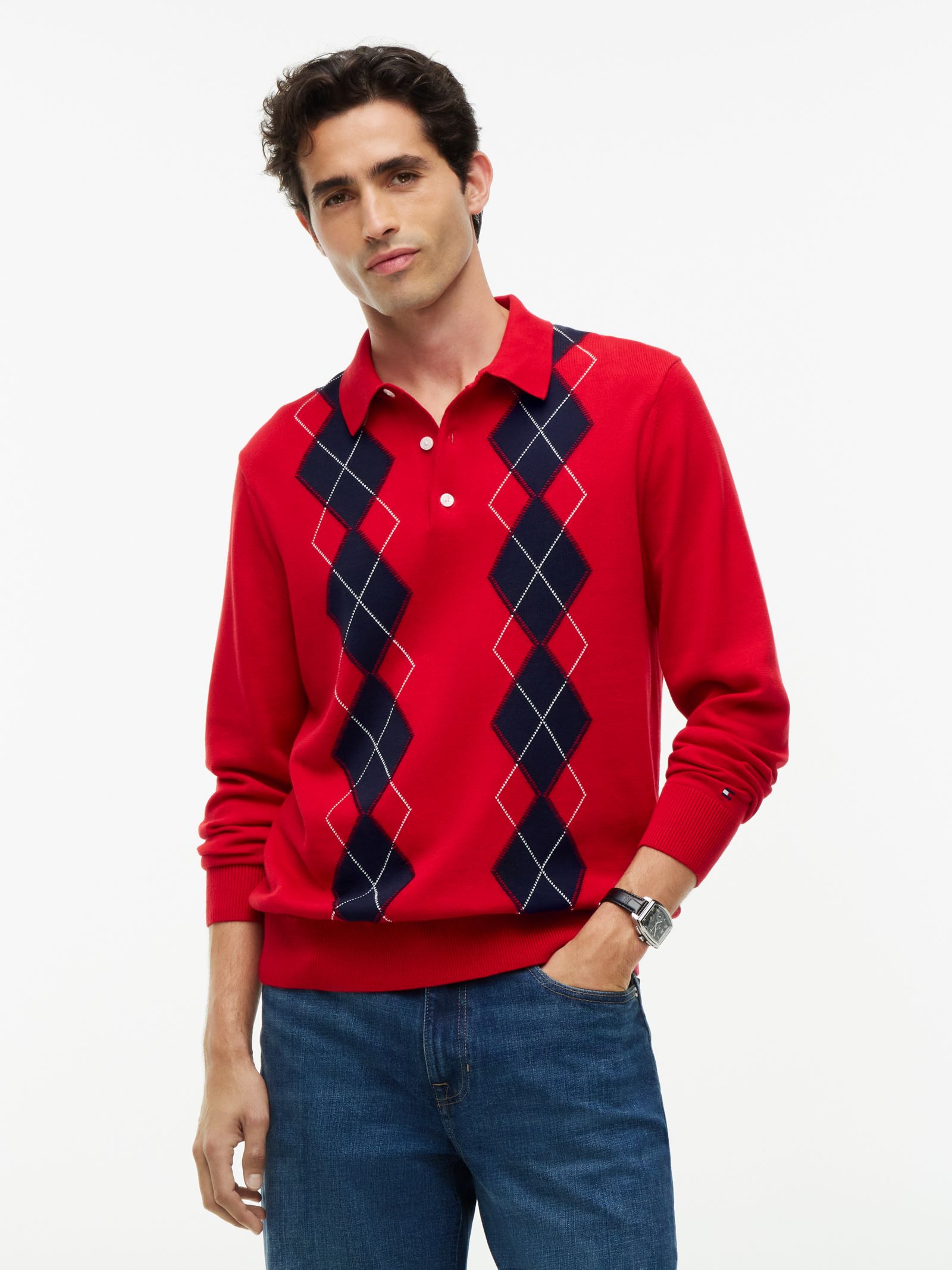 Tommy Hilfiger Polojumper met argyle ruit en geborduurde vlag in rood