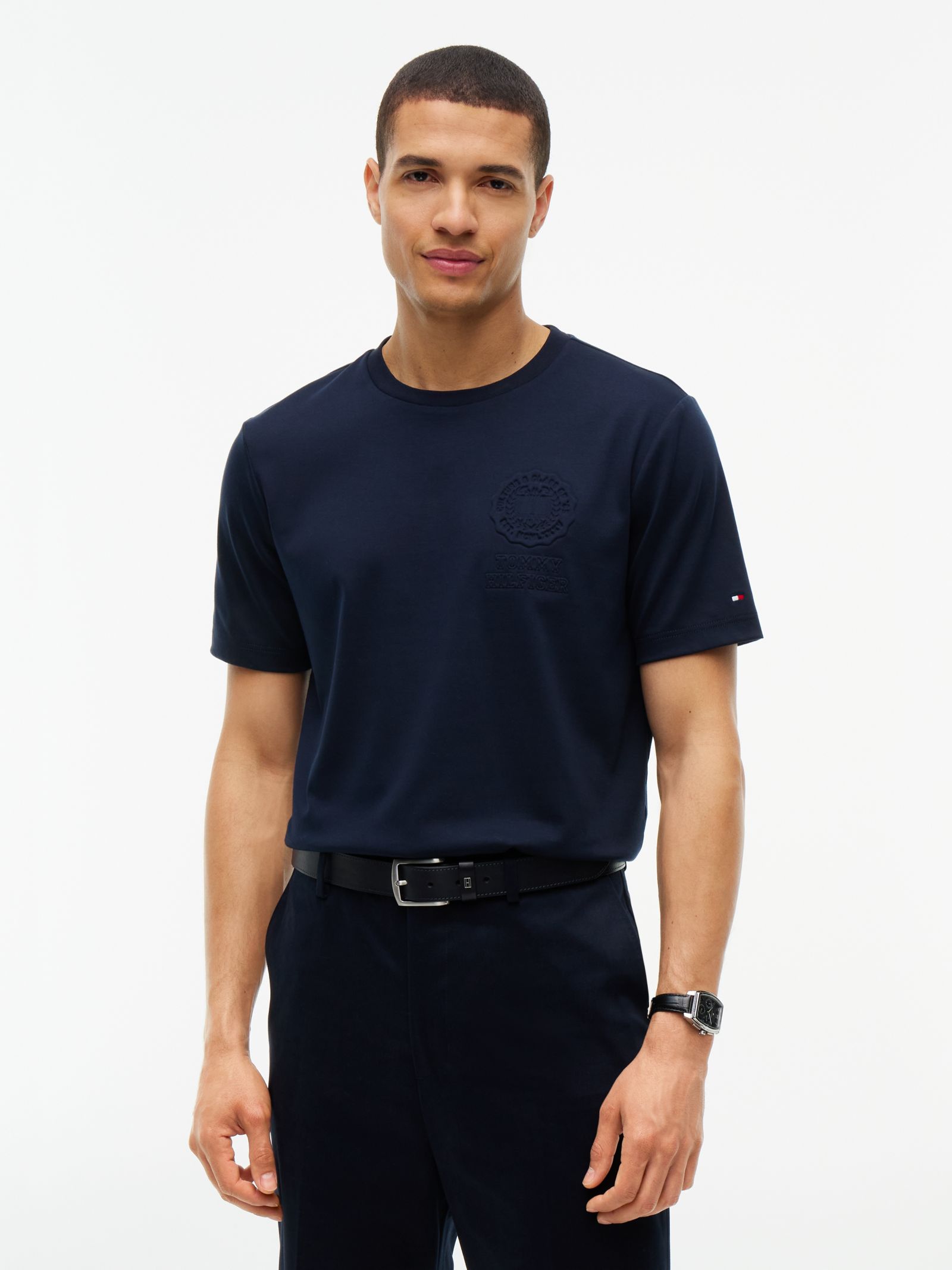 Tommy Hilfiger Interlock gebreid T-shirt met reliëflogo in marine