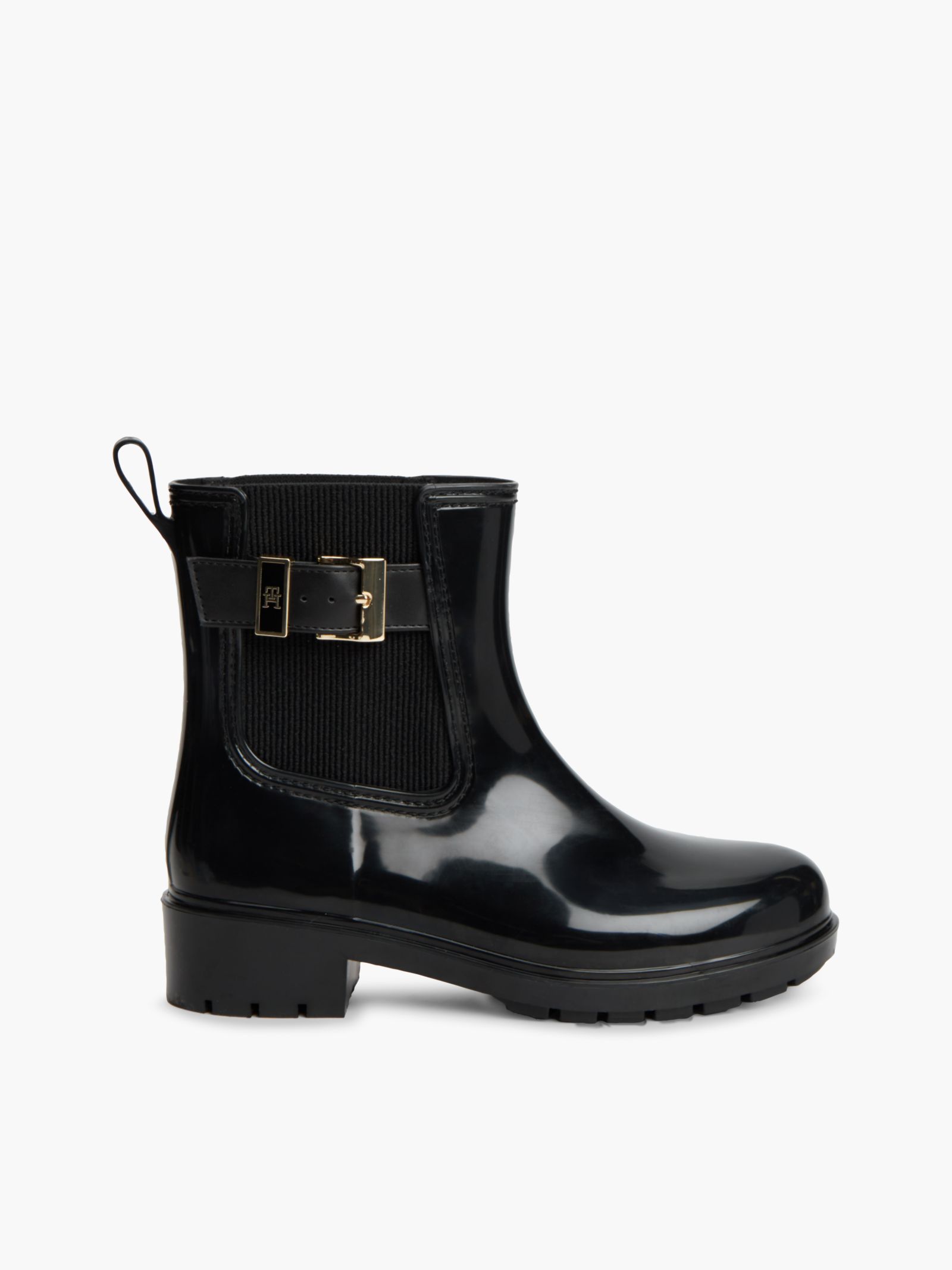 Tommy Hilfiger Regenlaars met profielzool gesp en glanzende finish in zwart