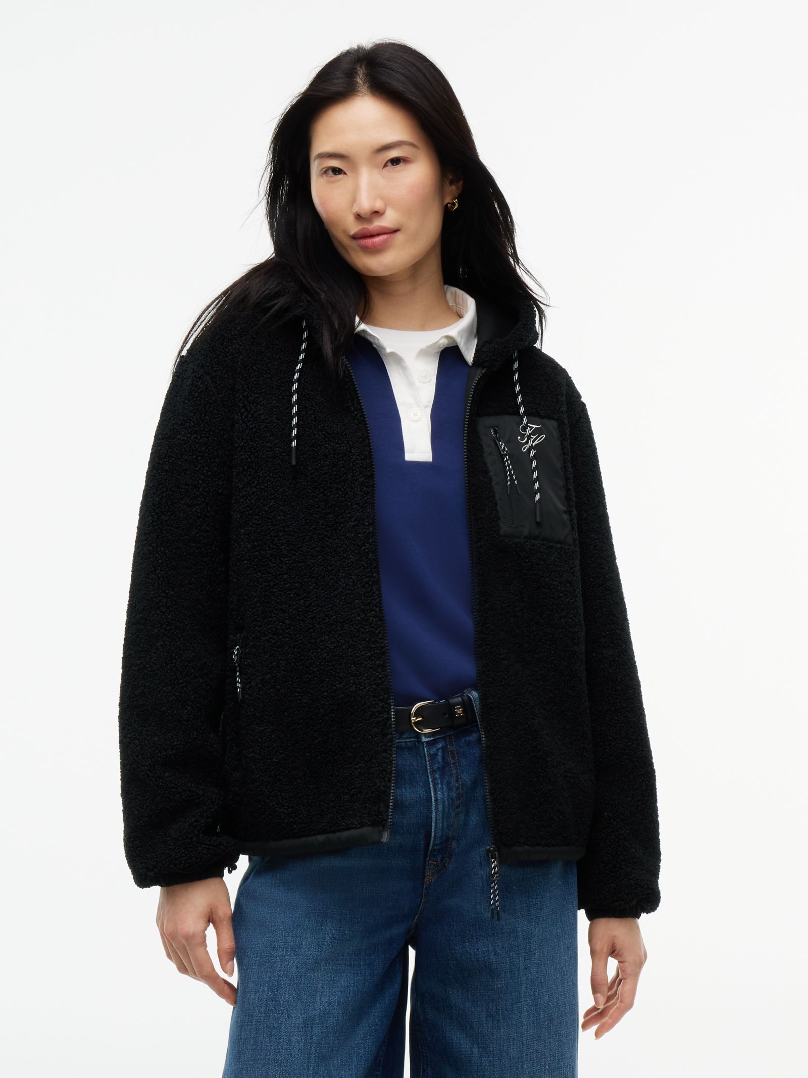 Tommy Hilfiger Teddy fleece jack met rits en capuchon in zwart