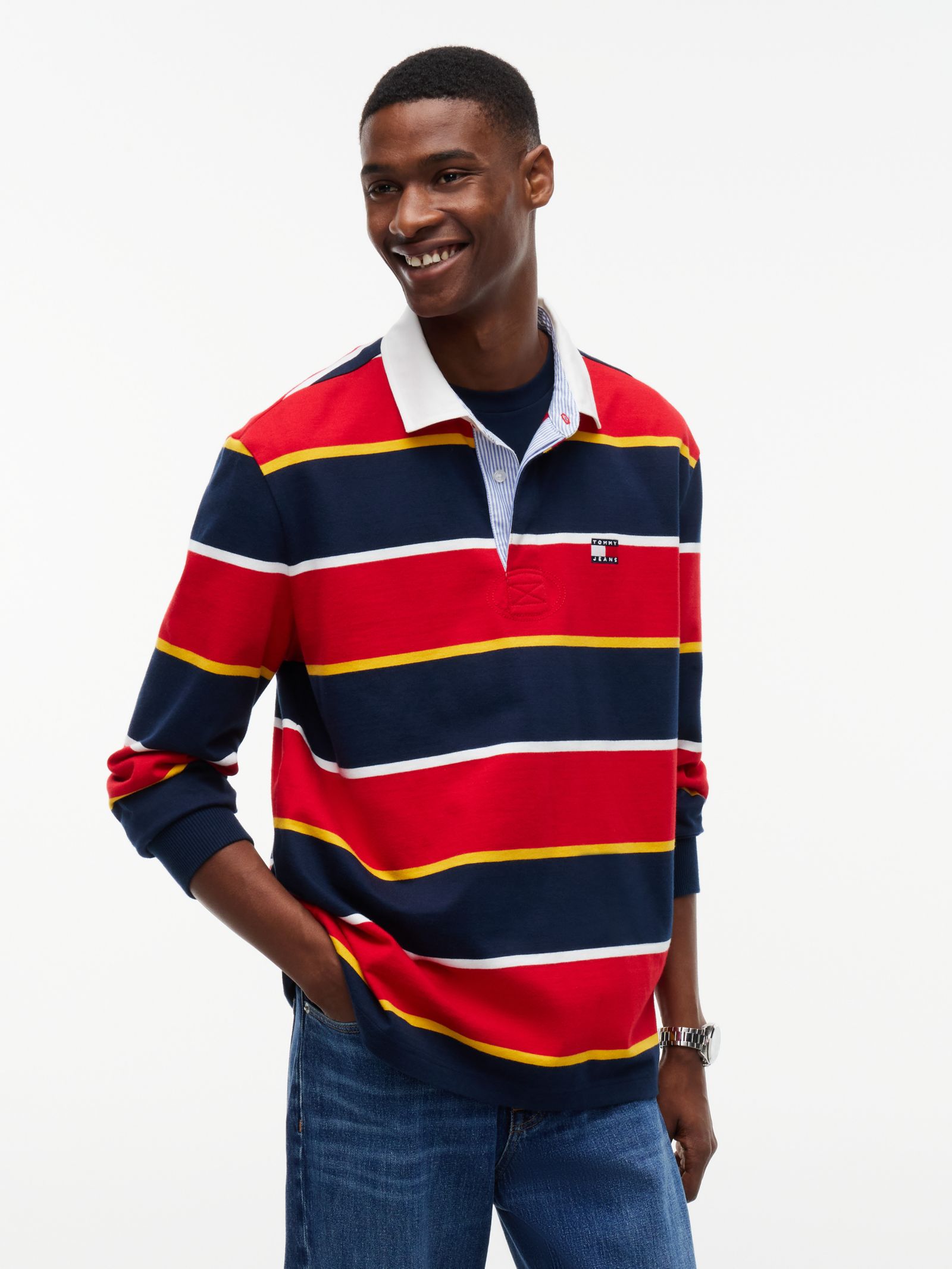 Tommy Jeans relaxed gestreept rugbyshirt met Tommy badge in rood
