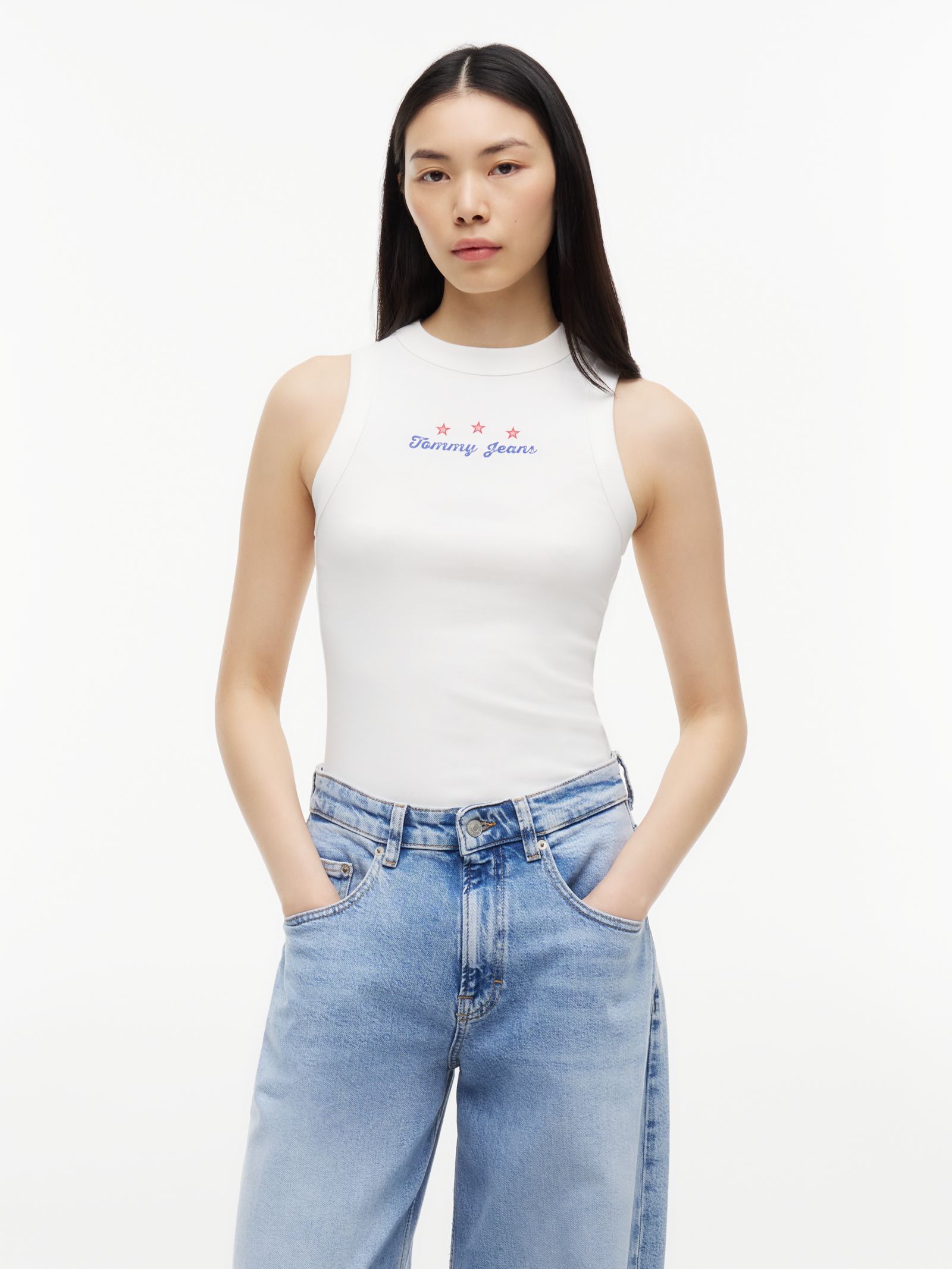 Tommy Jeans slim fit geribde tanktop met logo in wit