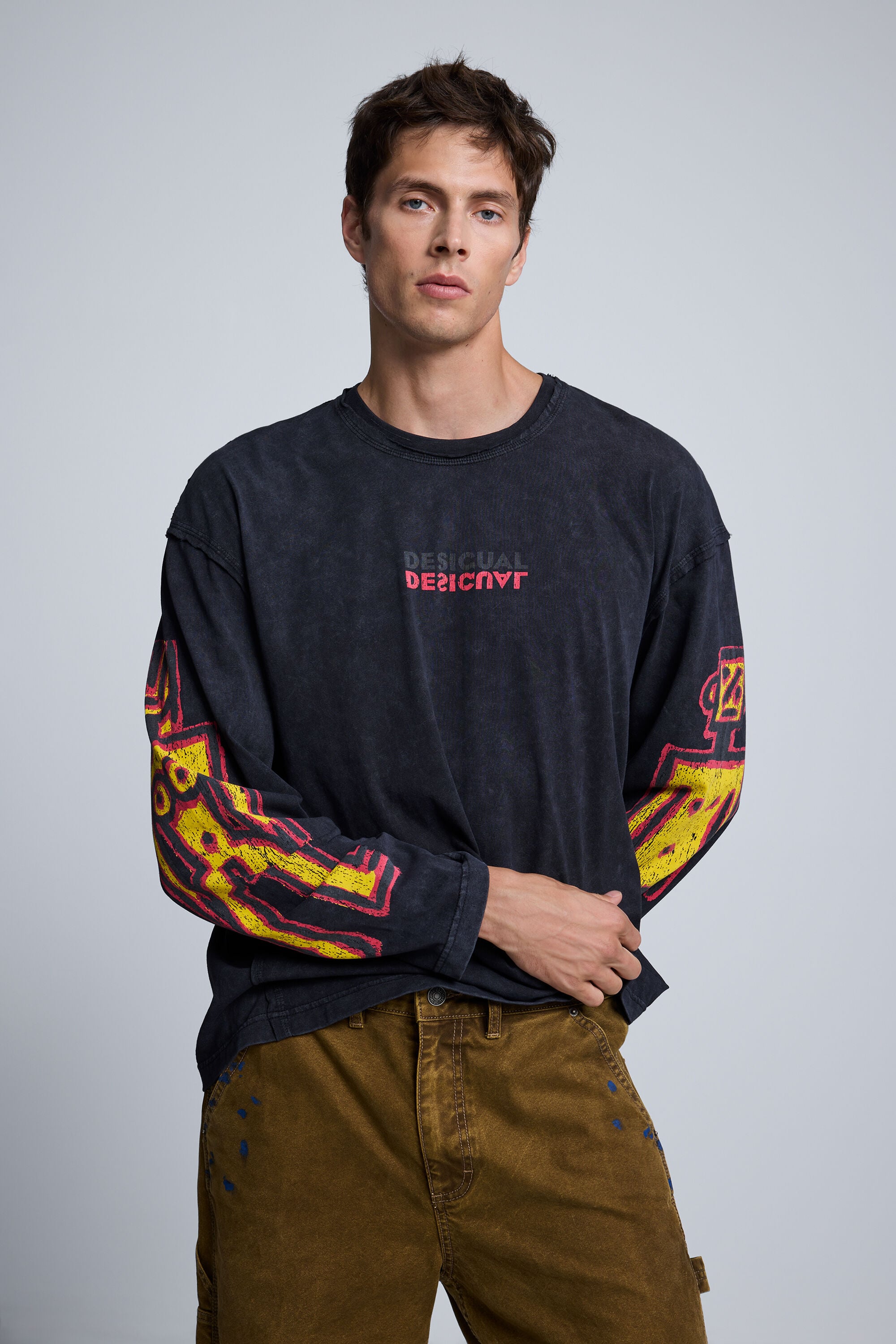 Desigual T-shirt met lange mouwen van katoen in zwart