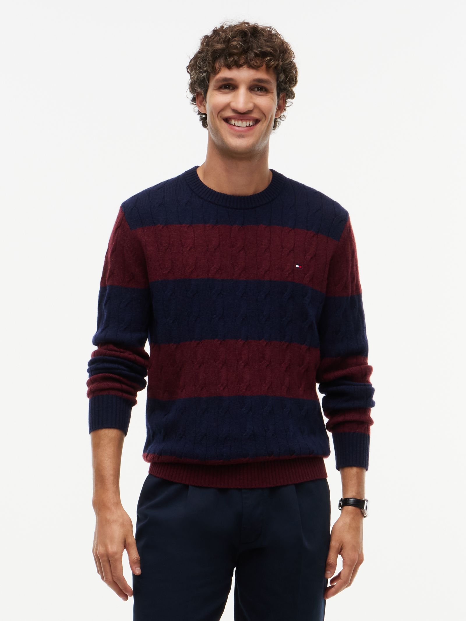 Tommy Hilfiger Kabelgebreide trui van zuivere lamswol in marine