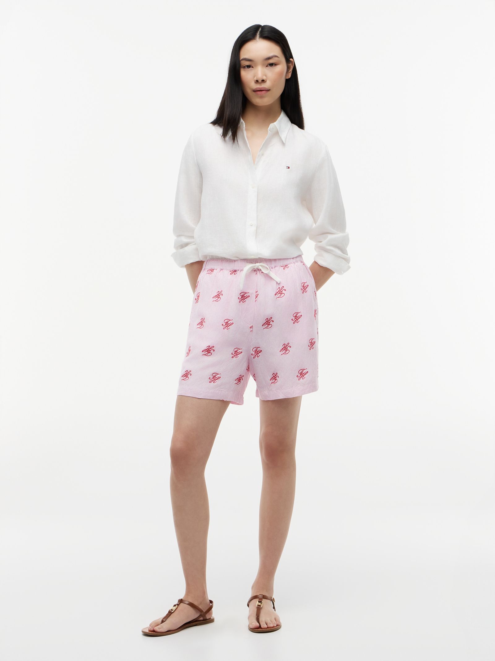 Tommy Hilfiger Relaxed fit short van linnenmix met print in roze