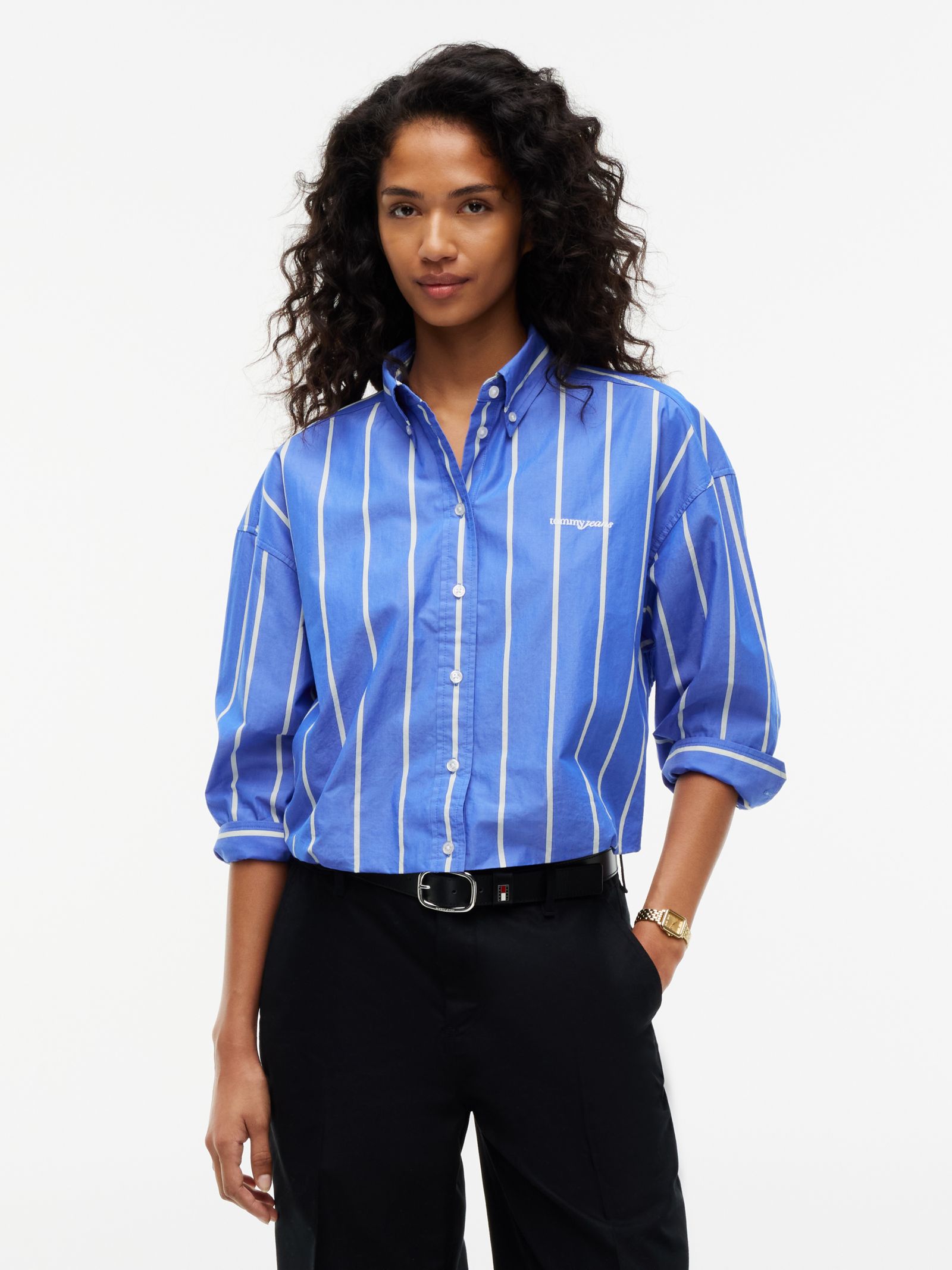 Tommy Jeans oversized cropped gerimpeld poplin overhemd in blauw