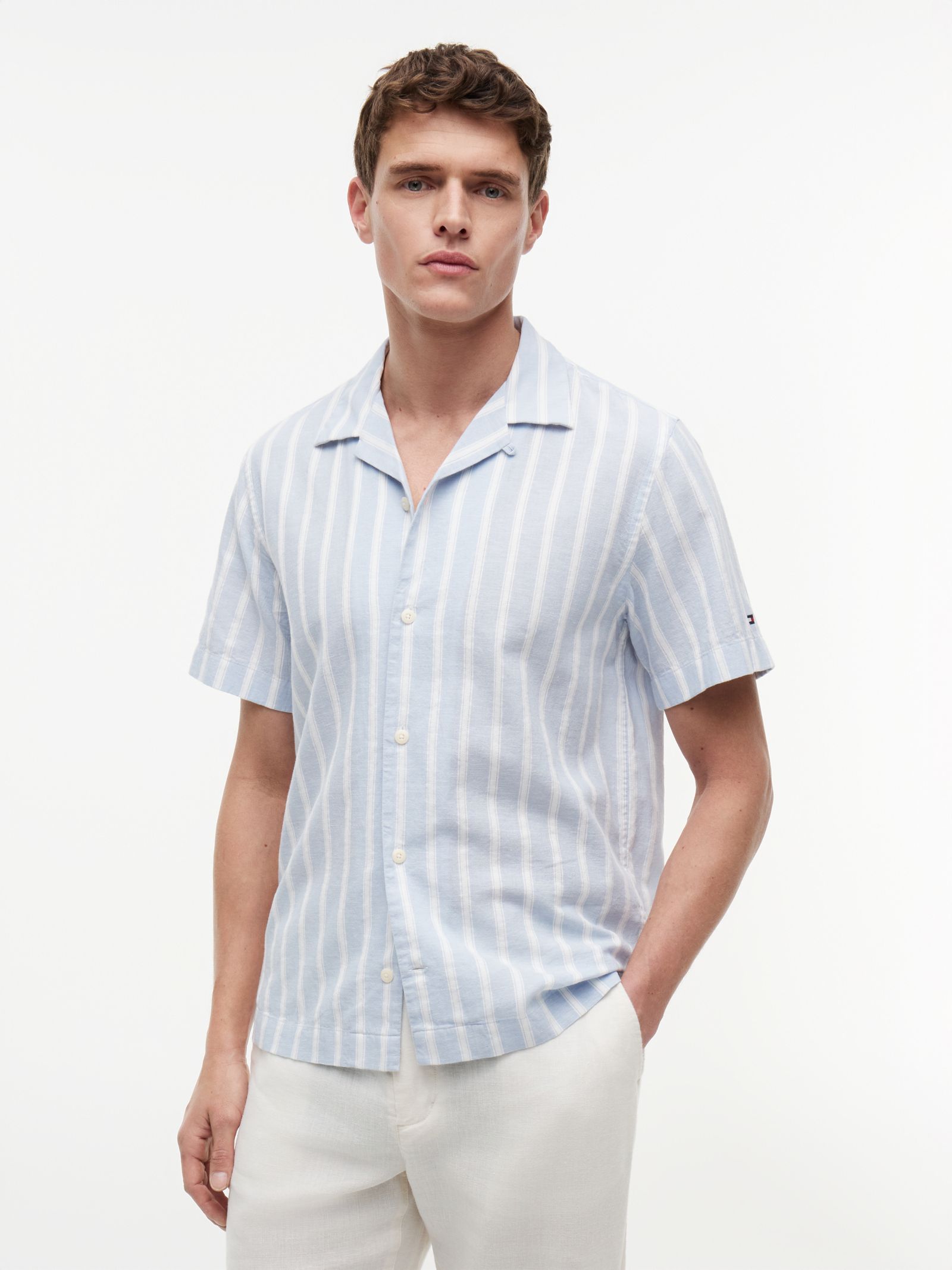 Tommy Hilfiger Gestreept linnenmix overhemd met korte mouwen in blauw