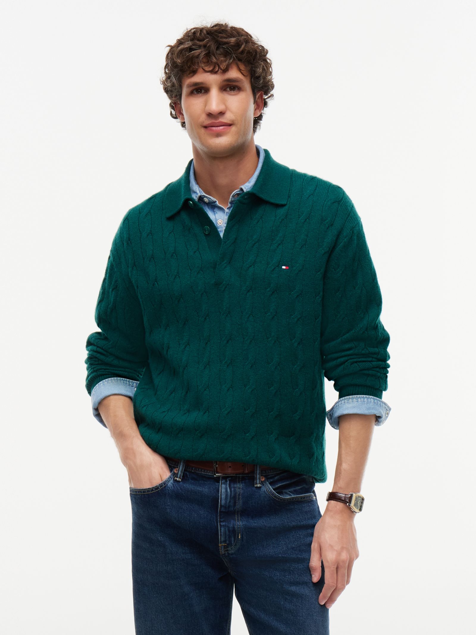 Tommy Hilfiger Kabelgebreide rugbytrui van zuivere wol in groen