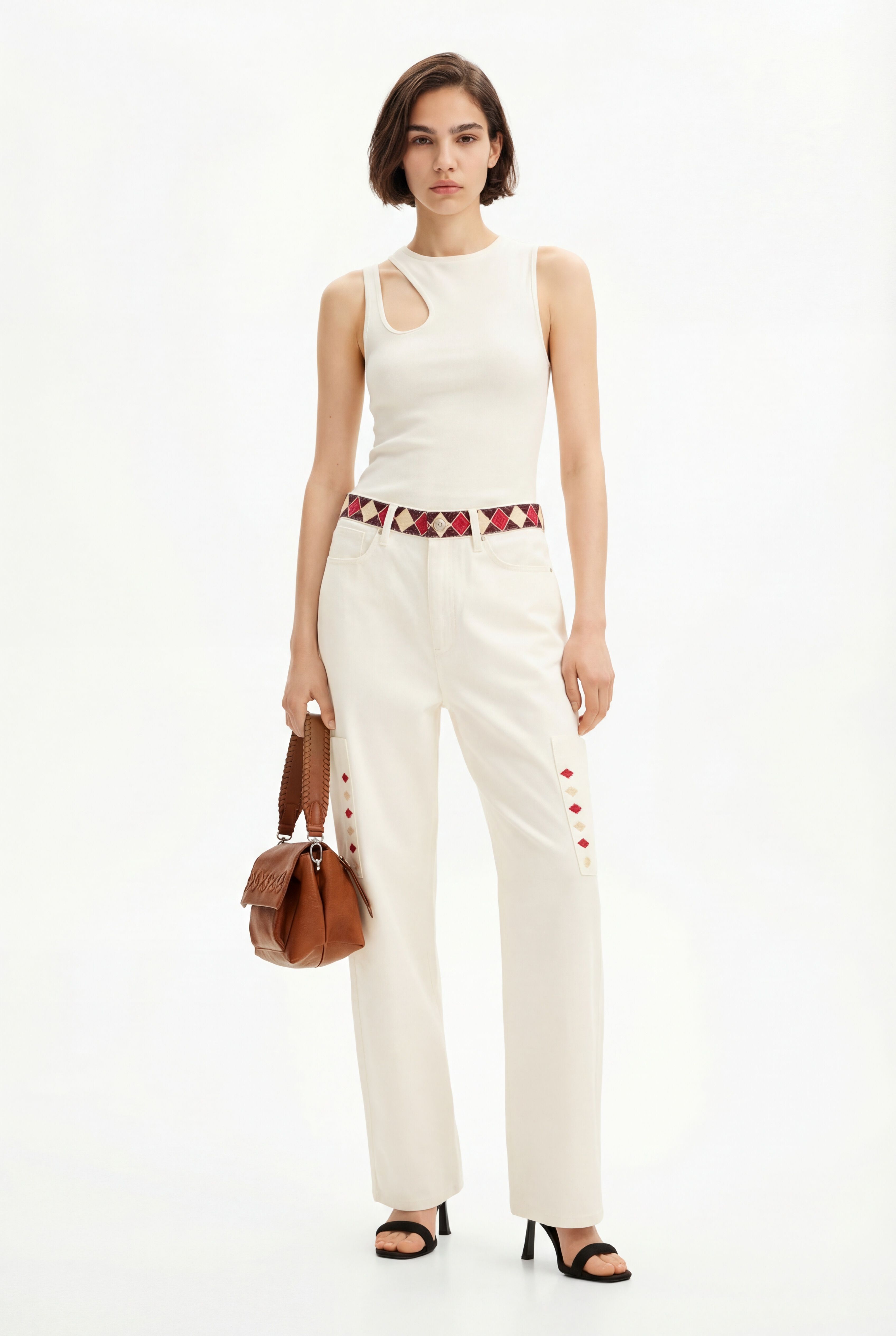 Desigual Geknipte denim broek met ruitvormige randen.
