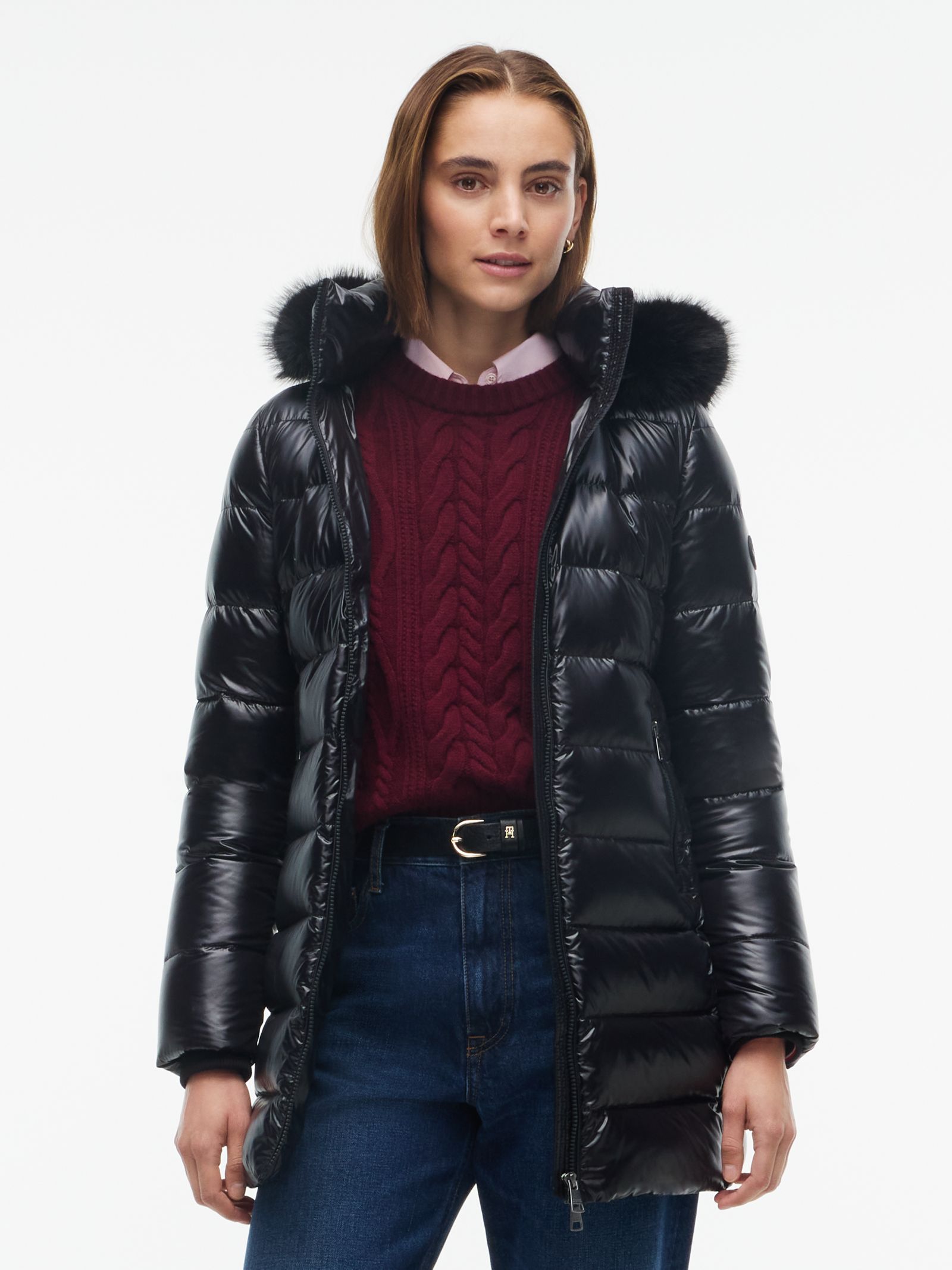 Tommy Hilfiger Glanzende donsjas met capuchon van imitatiebont in zwart