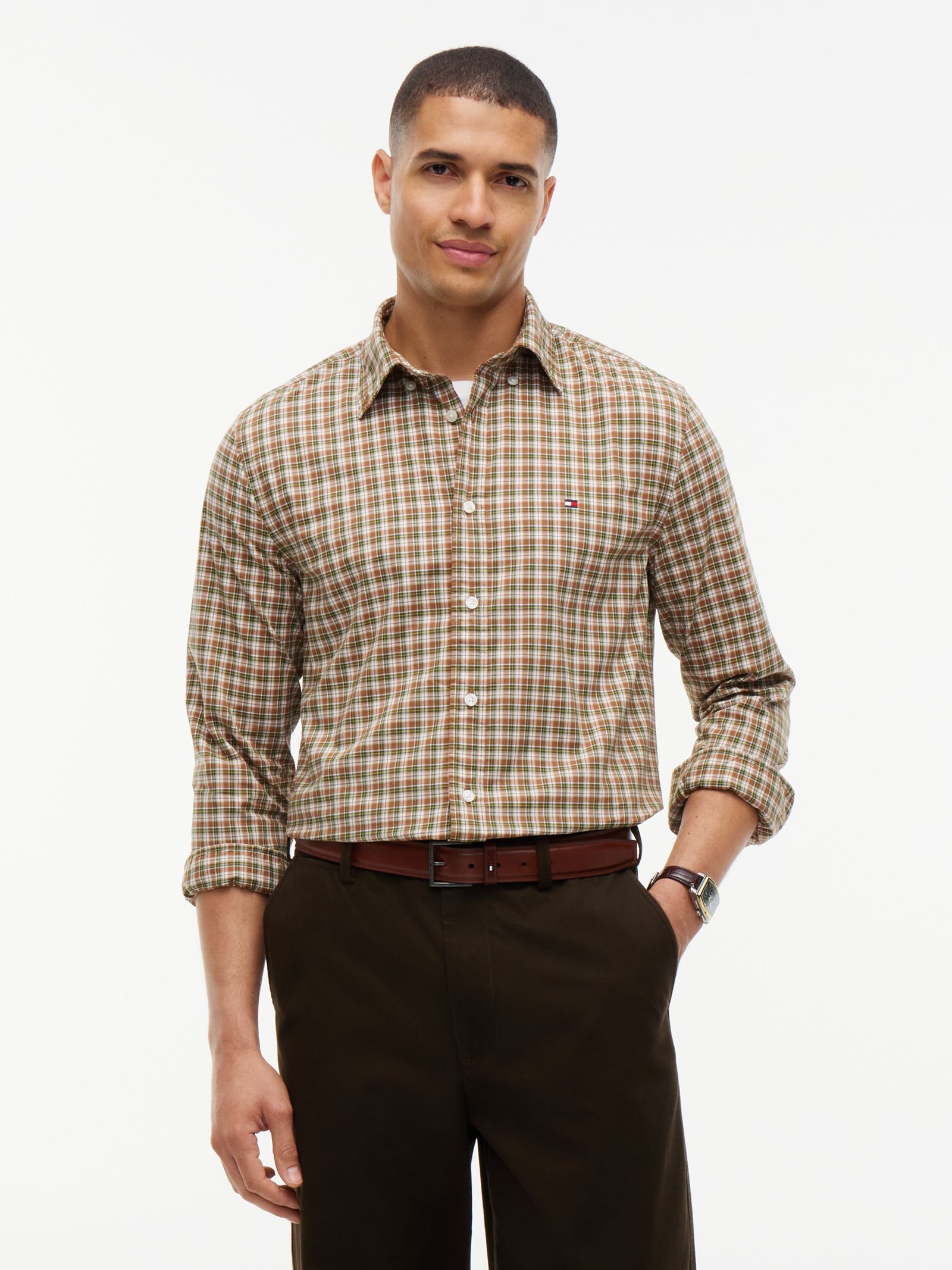 Tommy Hilfiger Regular fit Poplin Flex overhemd met tartanruit in bruin